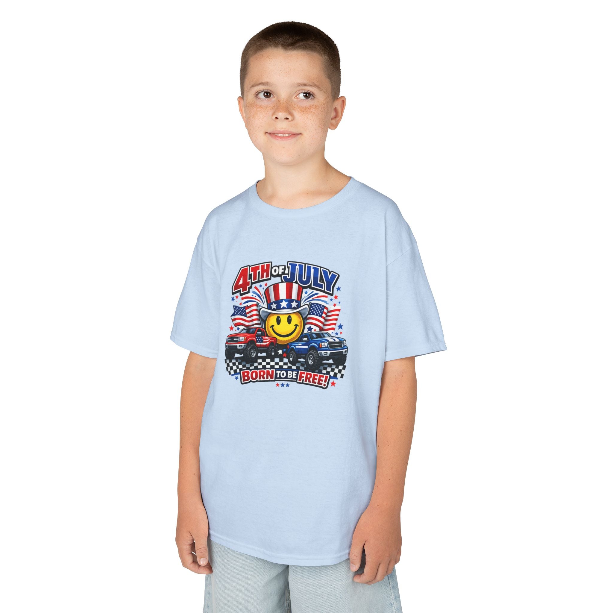 Kids Tee — 4th of July 'Born to Be Free' Smiley Flag Design