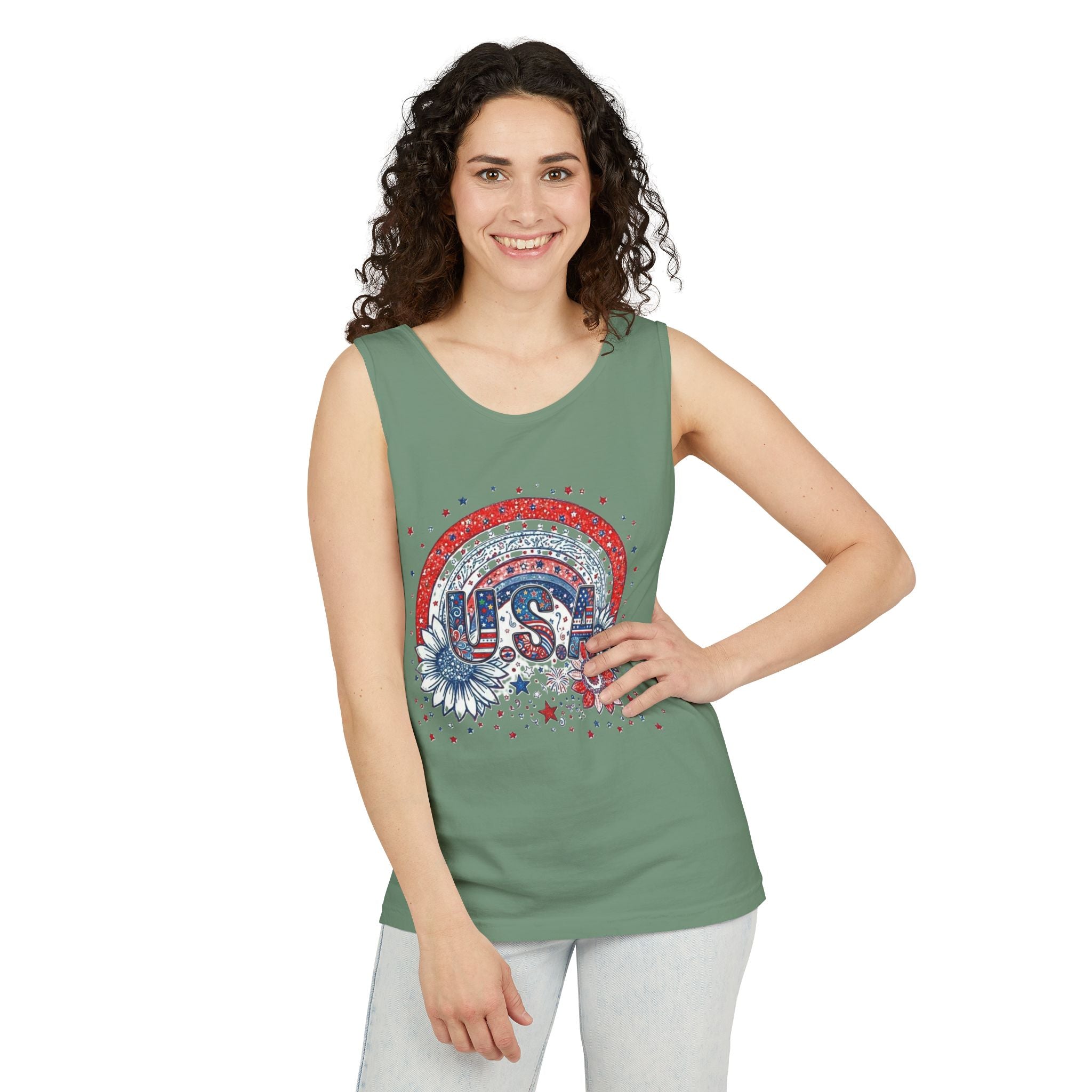 USA Rainbow Floral Tank Top — Patriotic 4th of July Sleeveless Tee