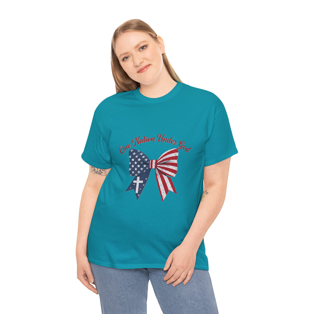 Patriotic Bow Tee — "One Nation Under God" American Flag Cross T-Shirt