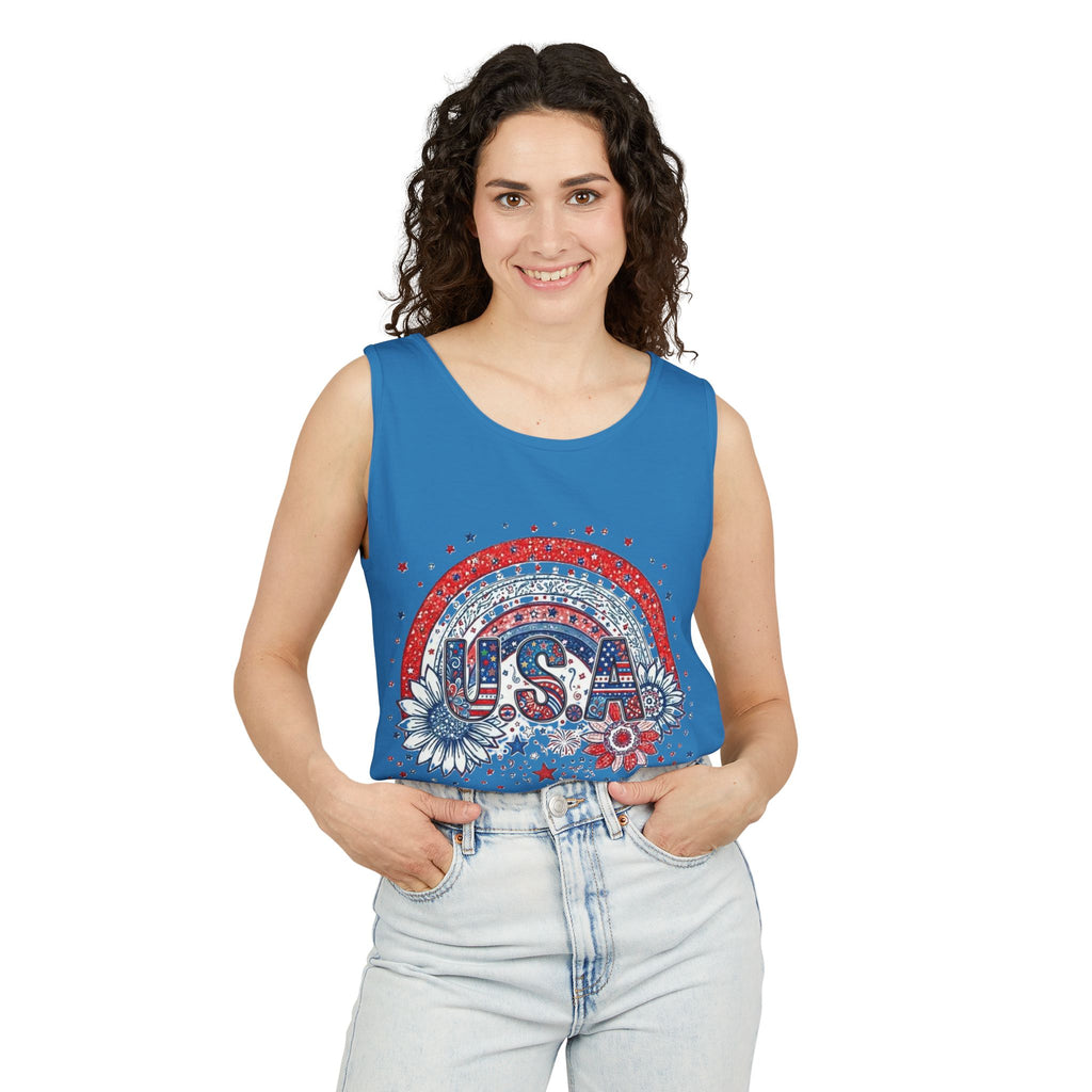 USA Rainbow Floral Tank Top — Patriotic 4th of July Sleeveless Tee