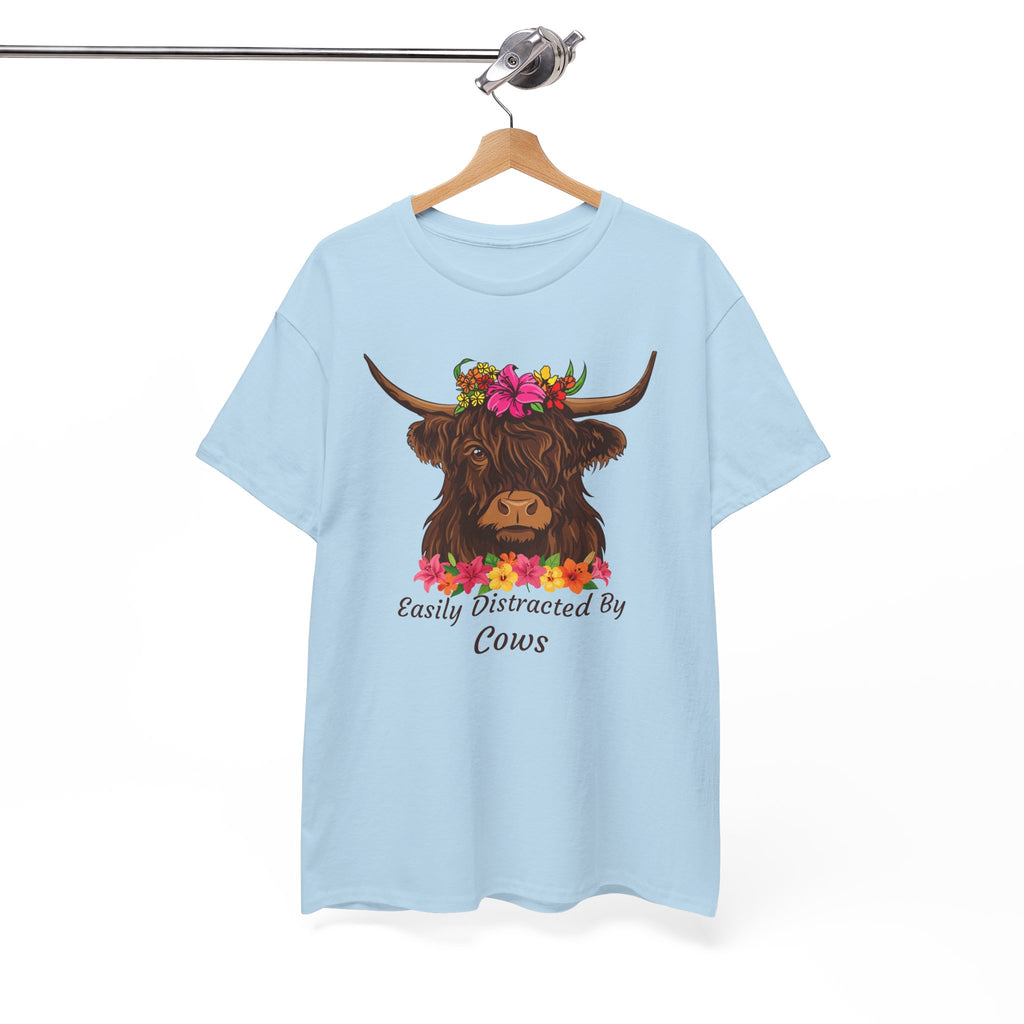 Highland Cow Floral Tee — "Easily Distracted by Cows" Cute Cow Graphic T-Shirt