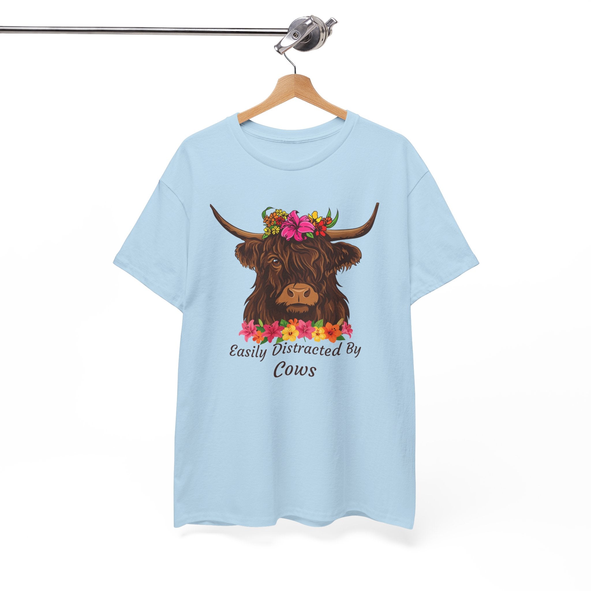 Highland Cow Floral Tee — "Easily Distracted by Cows" Cute Cow Graphic T-Shirt