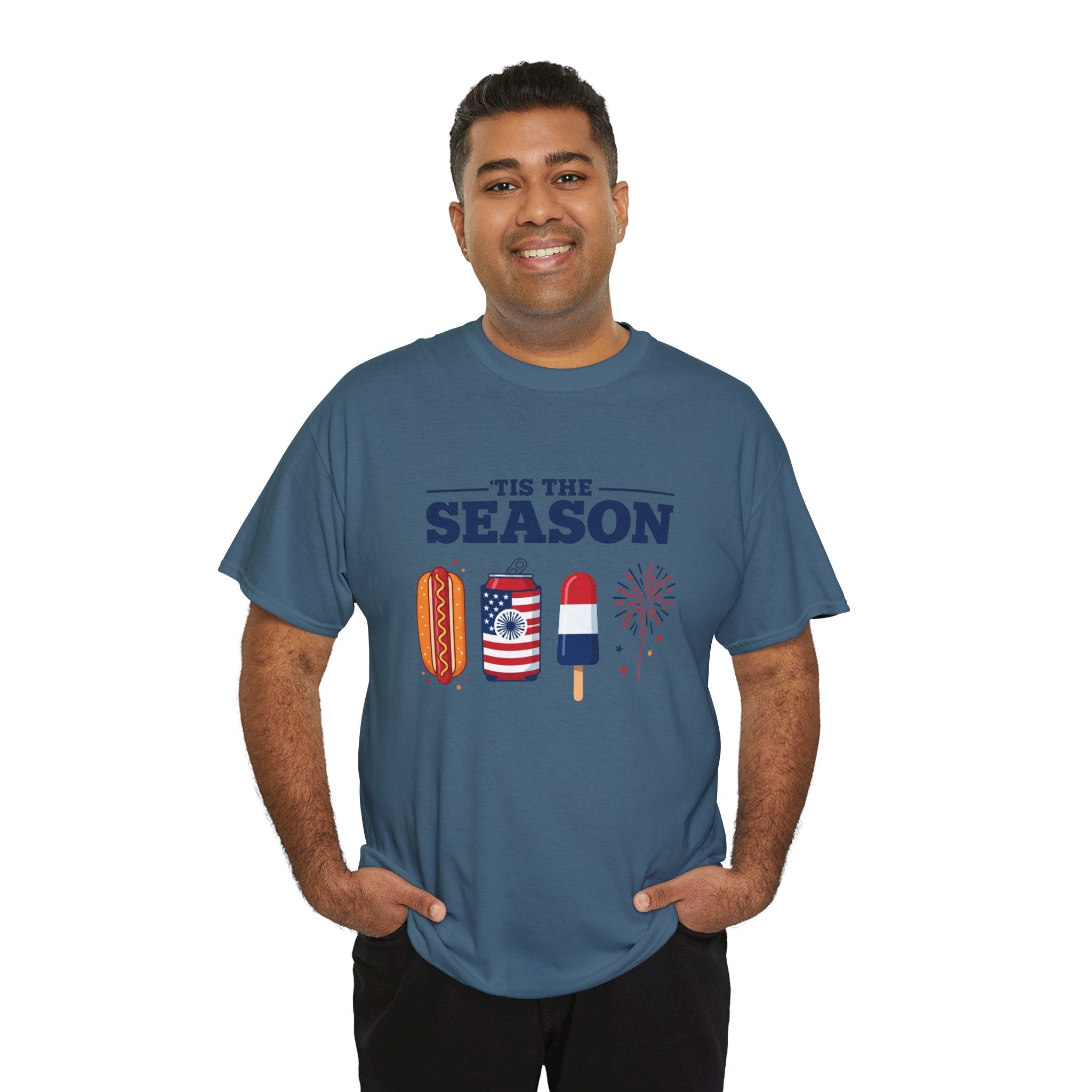 Fourth of July Tee — "'Tis the Season" Patriotic Hot Dog, Popsicle & Fireworks T-Shirt