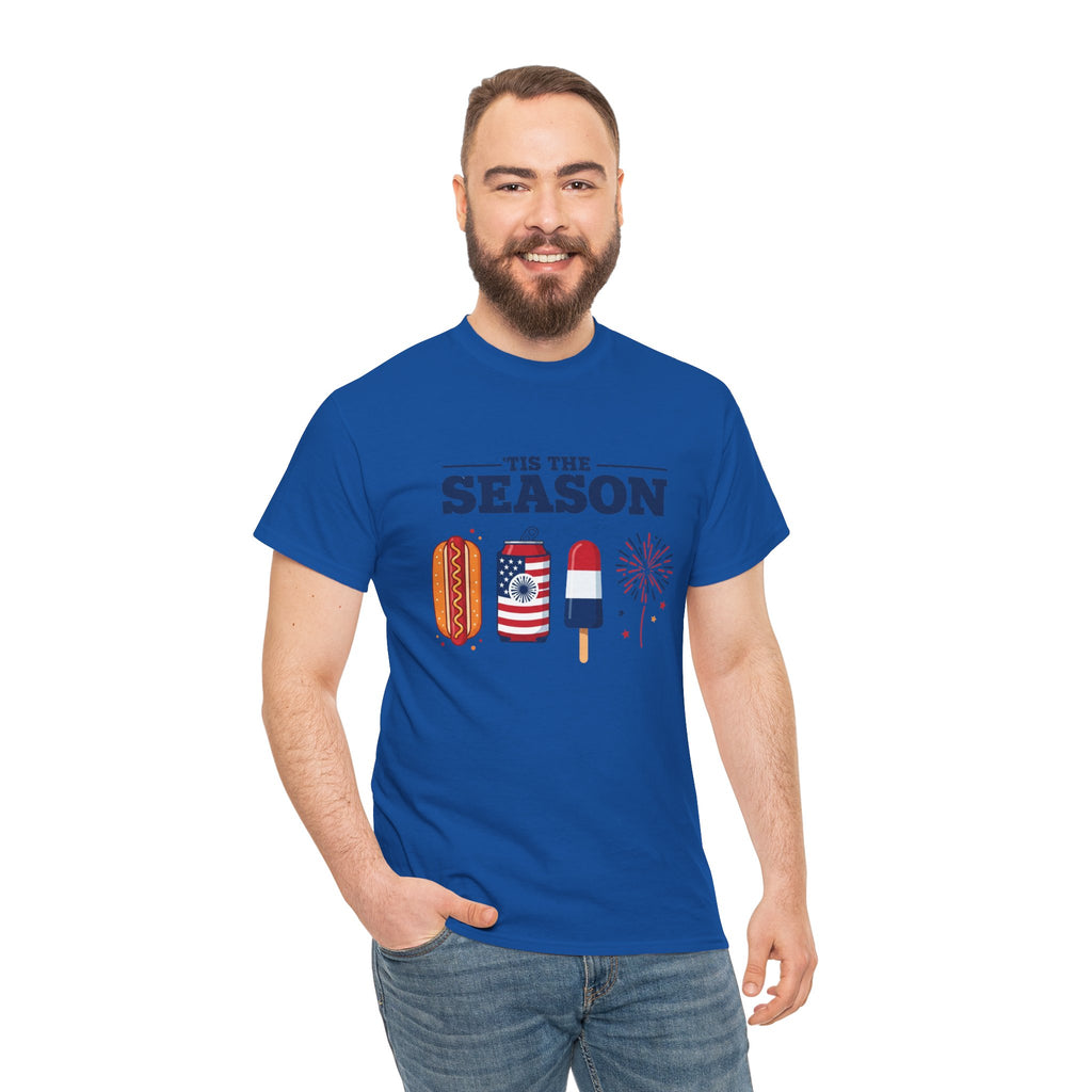 Fourth of July Tee — "'Tis the Season" Patriotic Hot Dog, Popsicle & Fireworks T-Shirt