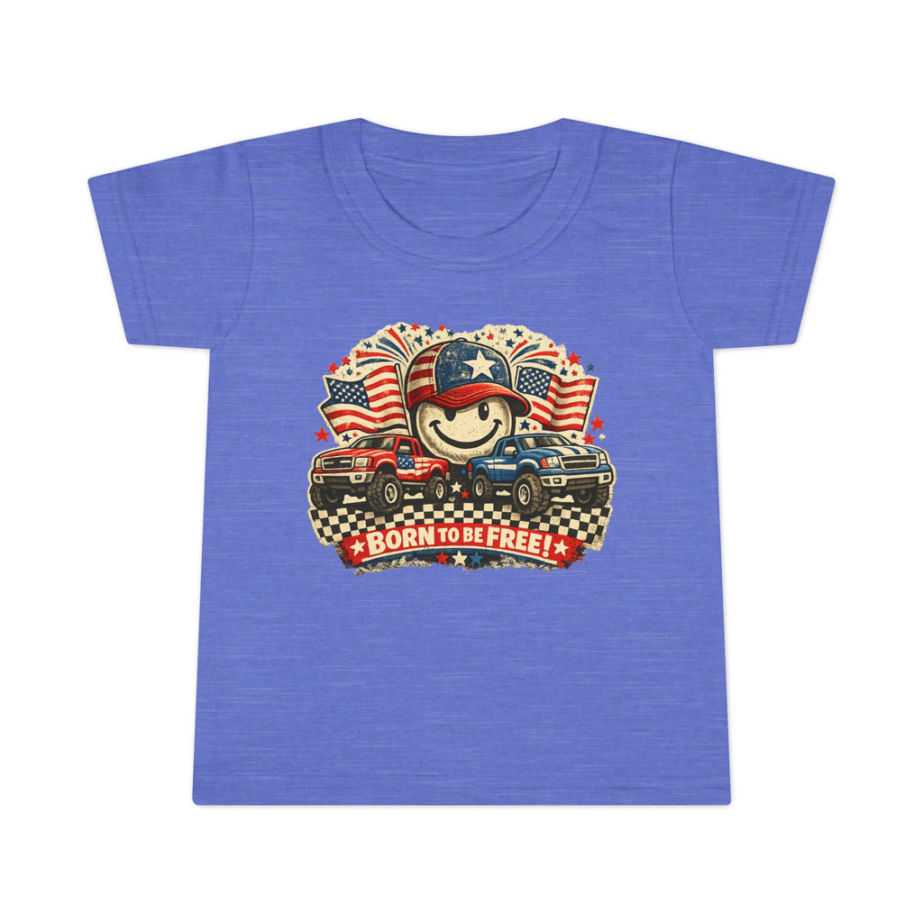 Toddler T‑Shirt — "Born to Be Free" Patriotic Trucks Graphic