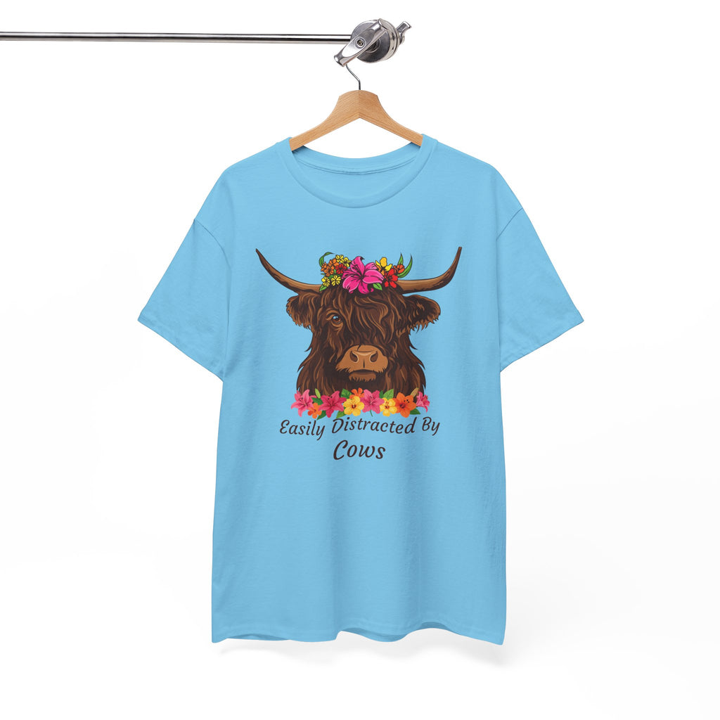 Highland Cow Floral Tee — "Easily Distracted by Cows" Cute Cow Graphic T-Shirt