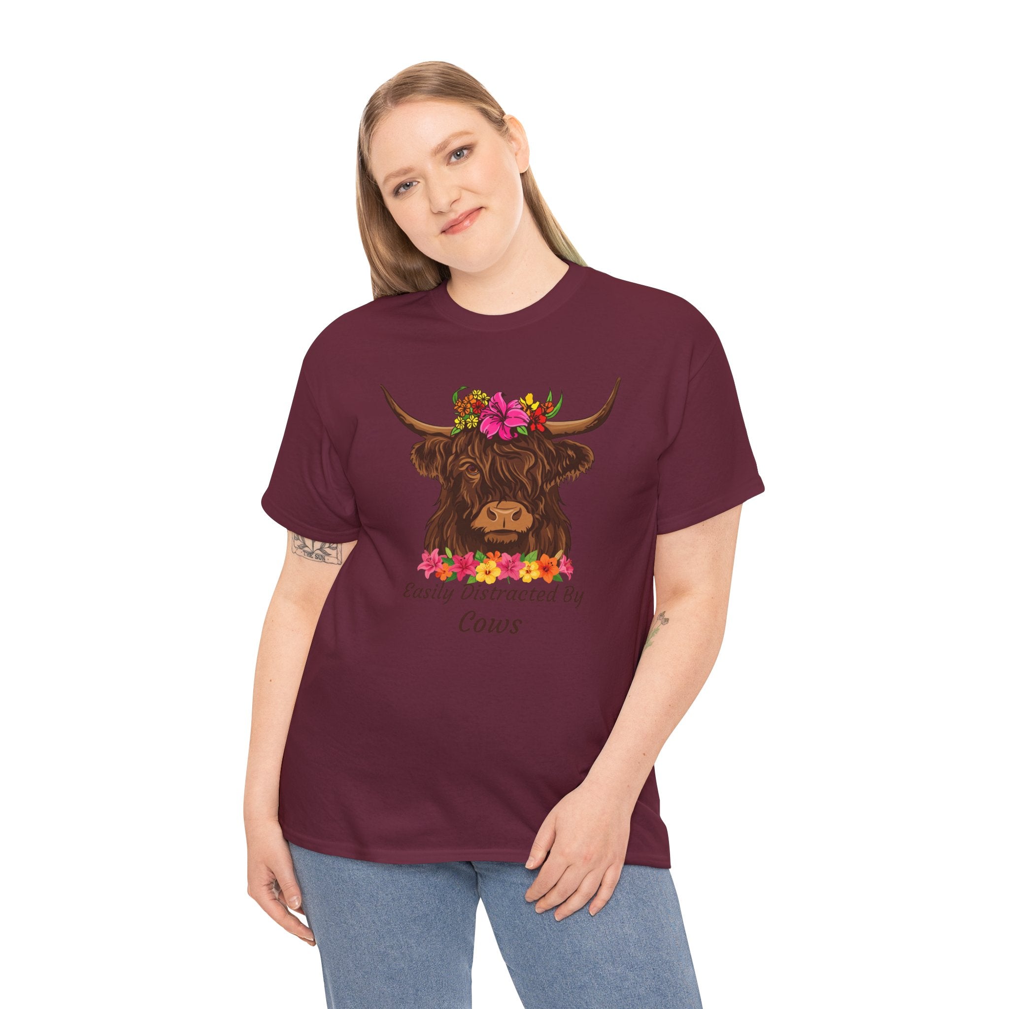 Highland Cow Floral Tee — "Easily Distracted by Cows" Cute Cow Graphic T-Shirt