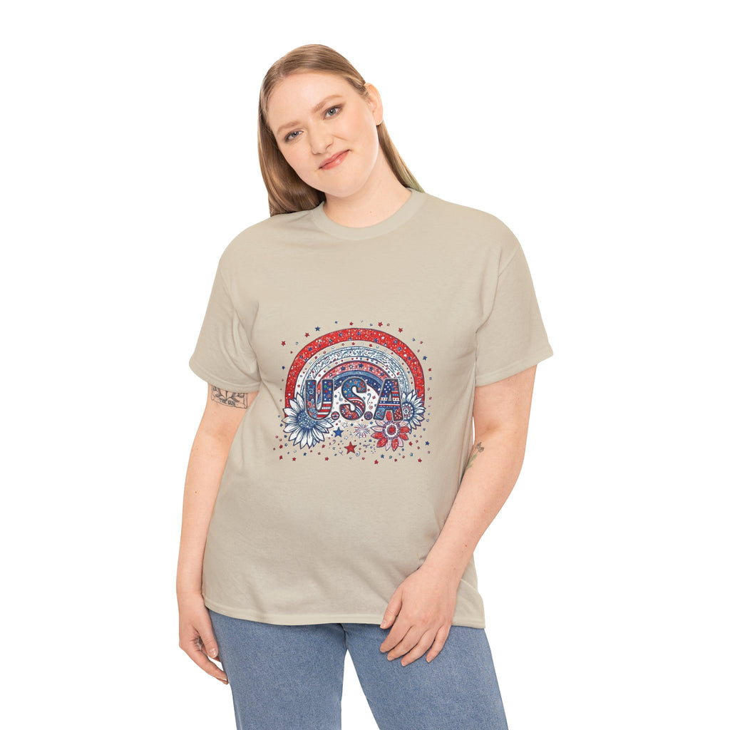 USA Retro Rainbow T-Shirt — Patriotic Fourth of July Tee with Stars & Flowers
