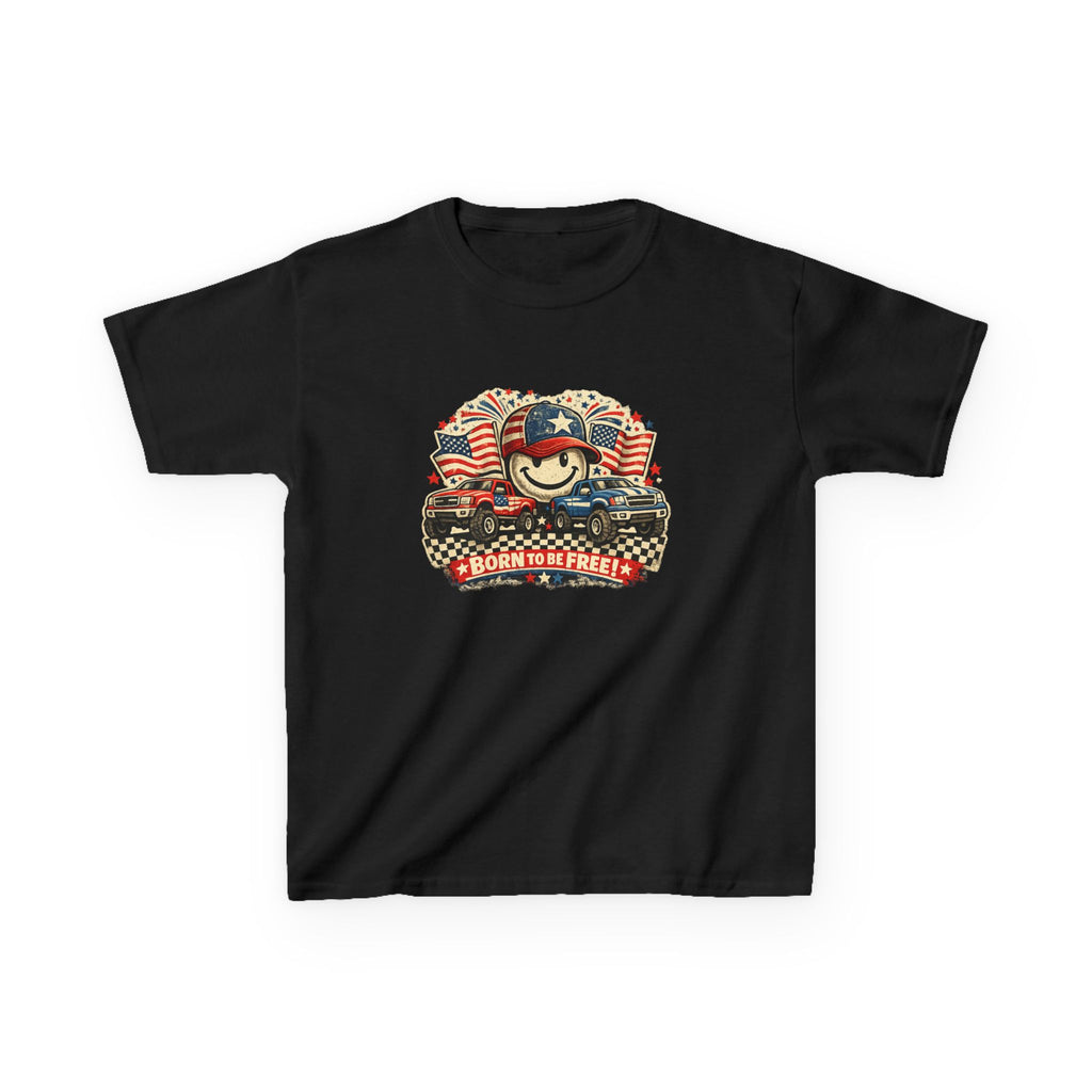 Kids Tee — Patriotic "Born to Be Free" Smiley Flag Design