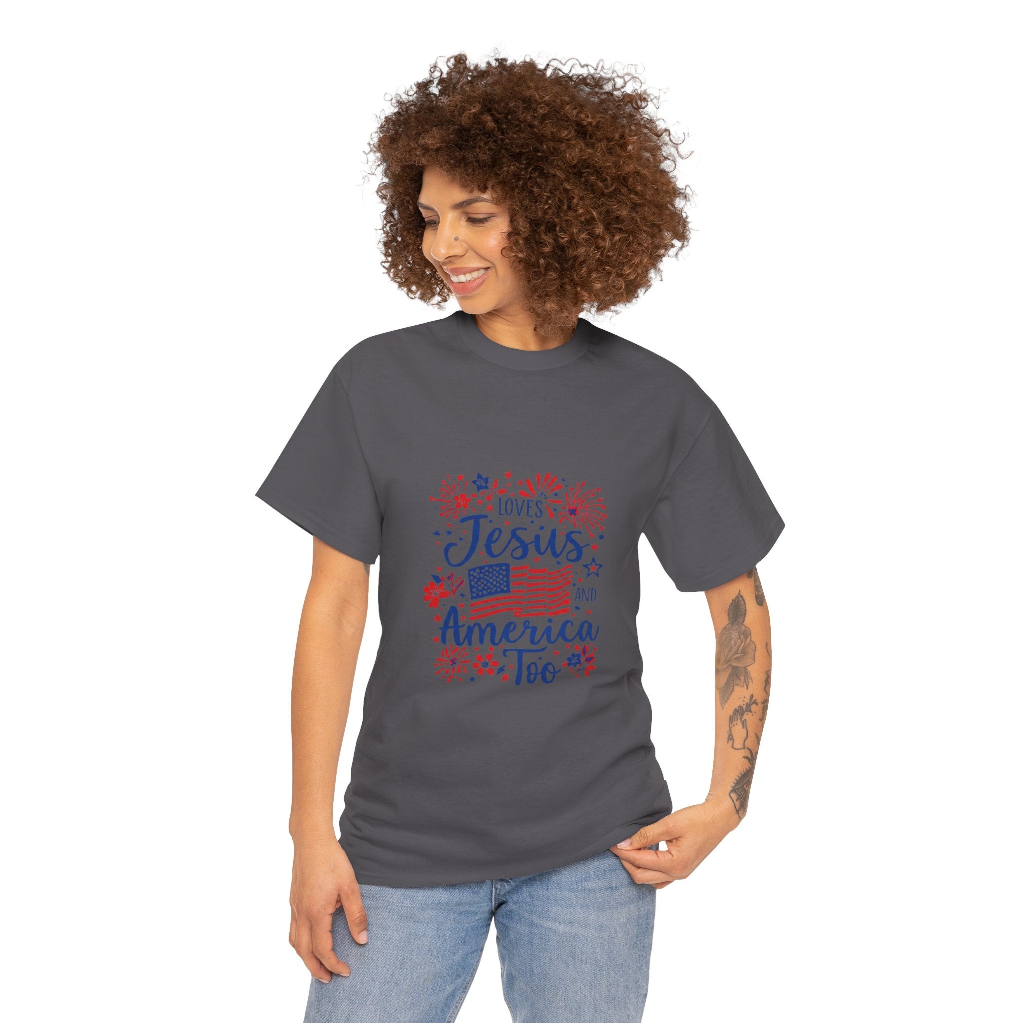 Jesus and America Tee — Patriotic Christian T-Shirt ("Loves Jesus and America Too")