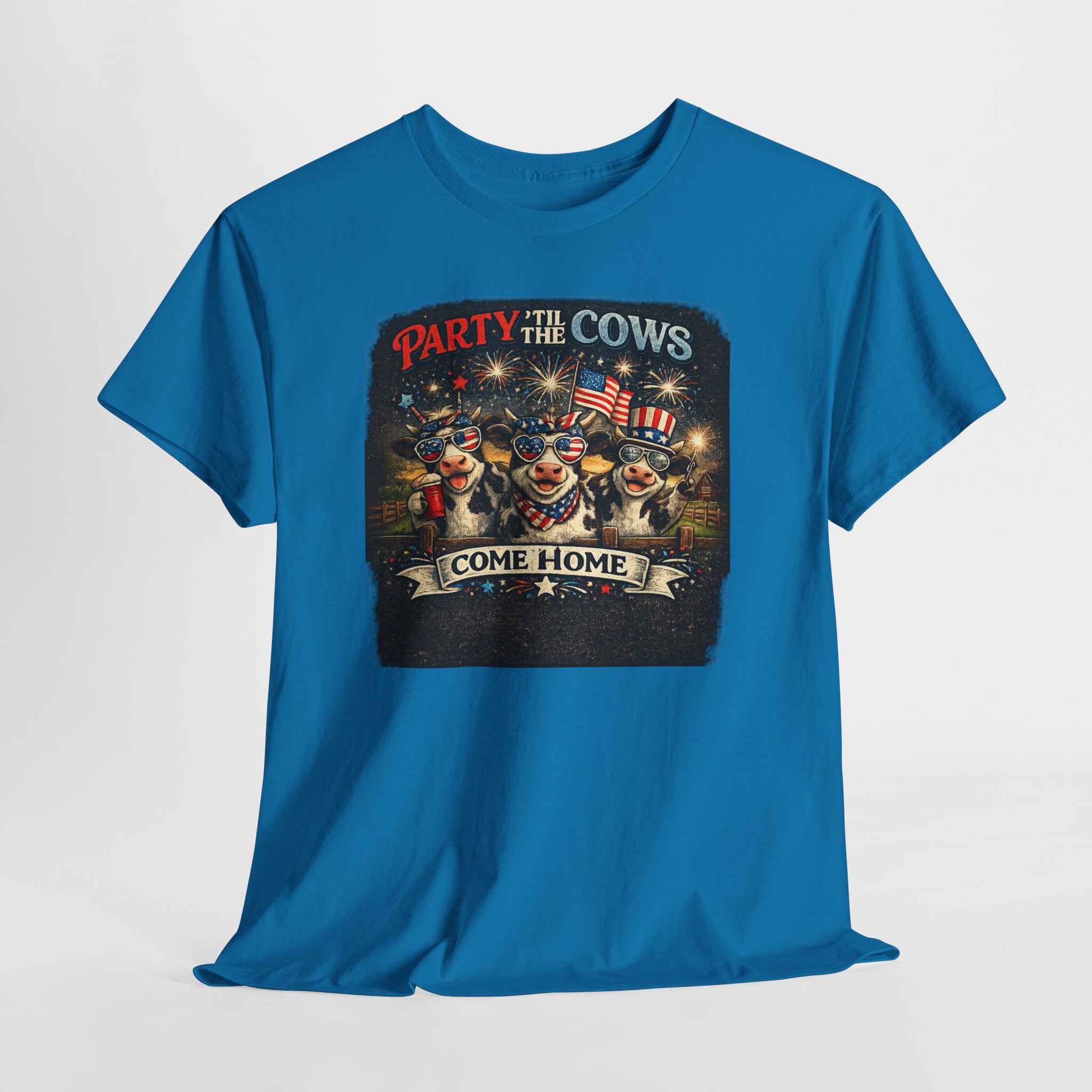 Independence Day 'Party 'Til the Cows Come Home' T-Shirt — Fireworks & Cow Graphic
