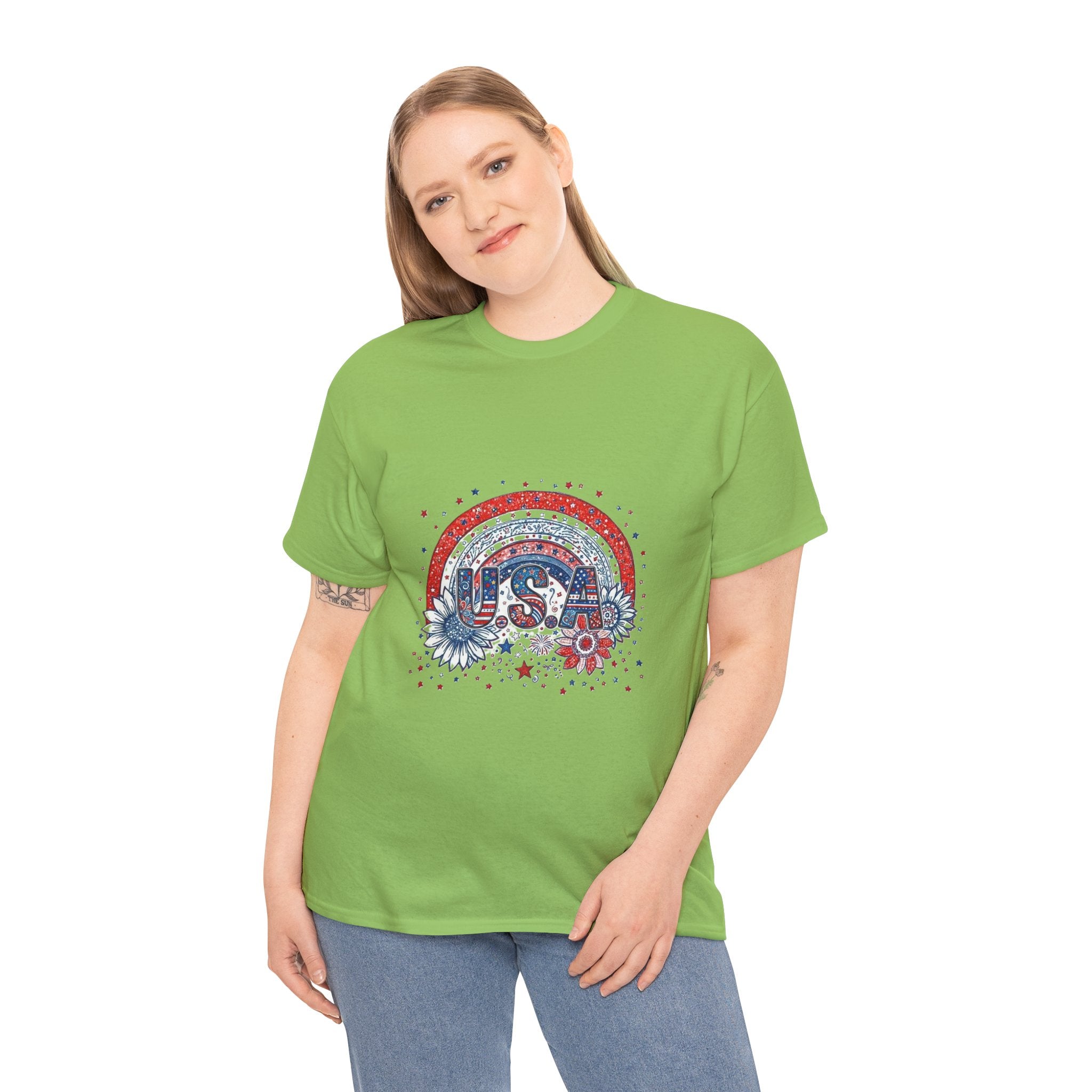 USA Retro Rainbow T-Shirt — Patriotic Fourth of July Tee with Stars & Flowers