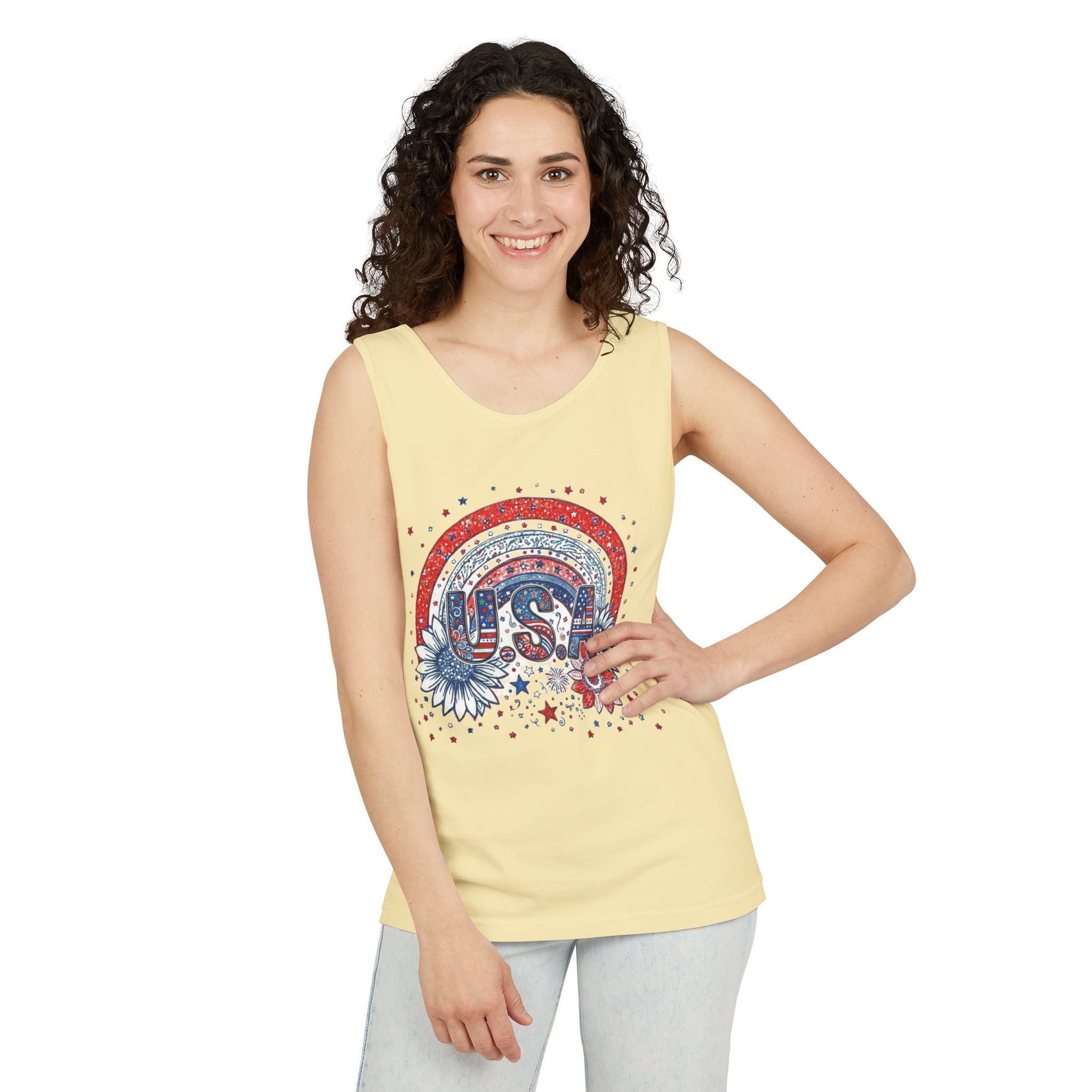 USA Rainbow Floral Tank Top — Patriotic 4th of July Sleeveless Tee