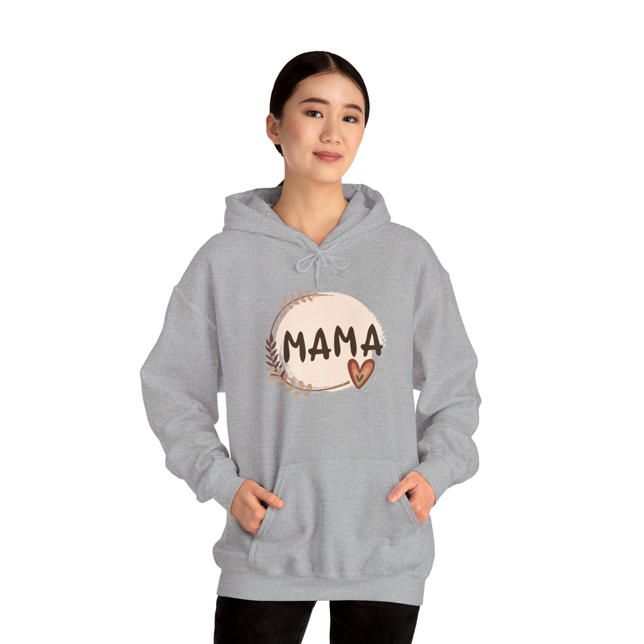 Mama Heart Hoodie — Soft Neutral Mom Sweatshirt, 'MAMA' Script with Heart & Wreath (Mother’s Day Gift)