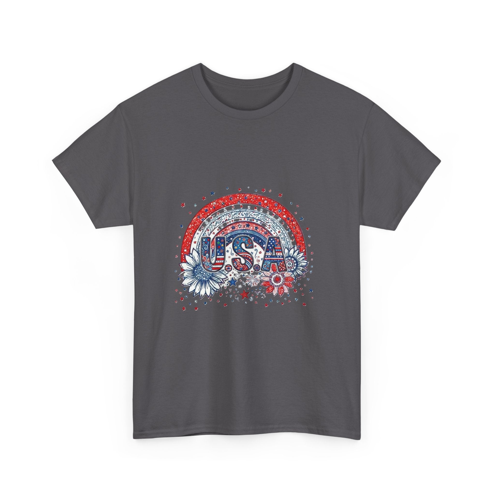 USA Retro Rainbow T-Shirt — Patriotic Fourth of July Tee with Stars & Flowers