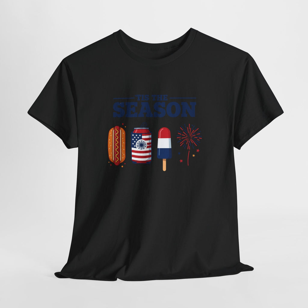 Fourth of July Tee — "'Tis the Season" Patriotic Hot Dog, Popsicle & Fireworks T-Shirt