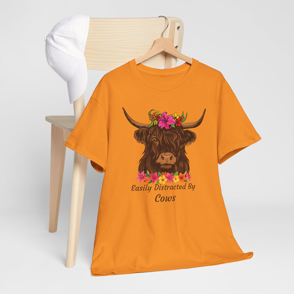 Highland Cow Floral Tee — "Easily Distracted by Cows" Cute Cow Graphic T-Shirt