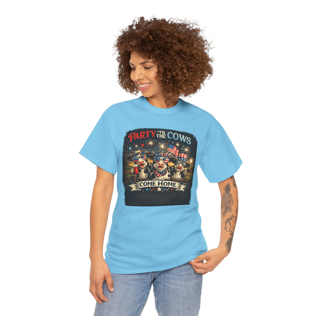 Independence Day 'Party 'Til the Cows Come Home' T-Shirt — Fireworks & Cow Graphic