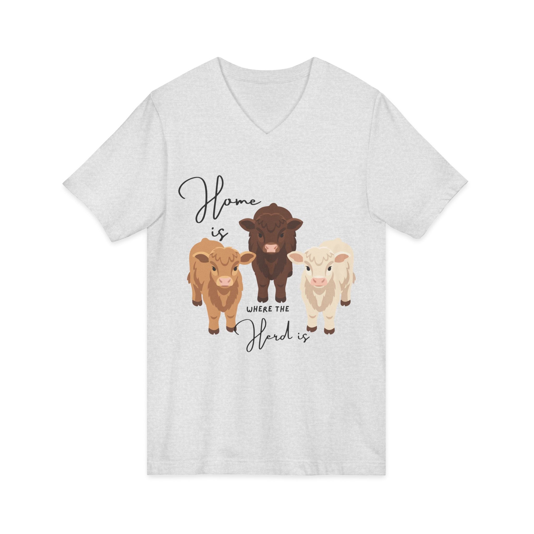 Cow Trio V-Neck Tee — "Home is Where the Herd Is" Cute Farm Animal Shirt