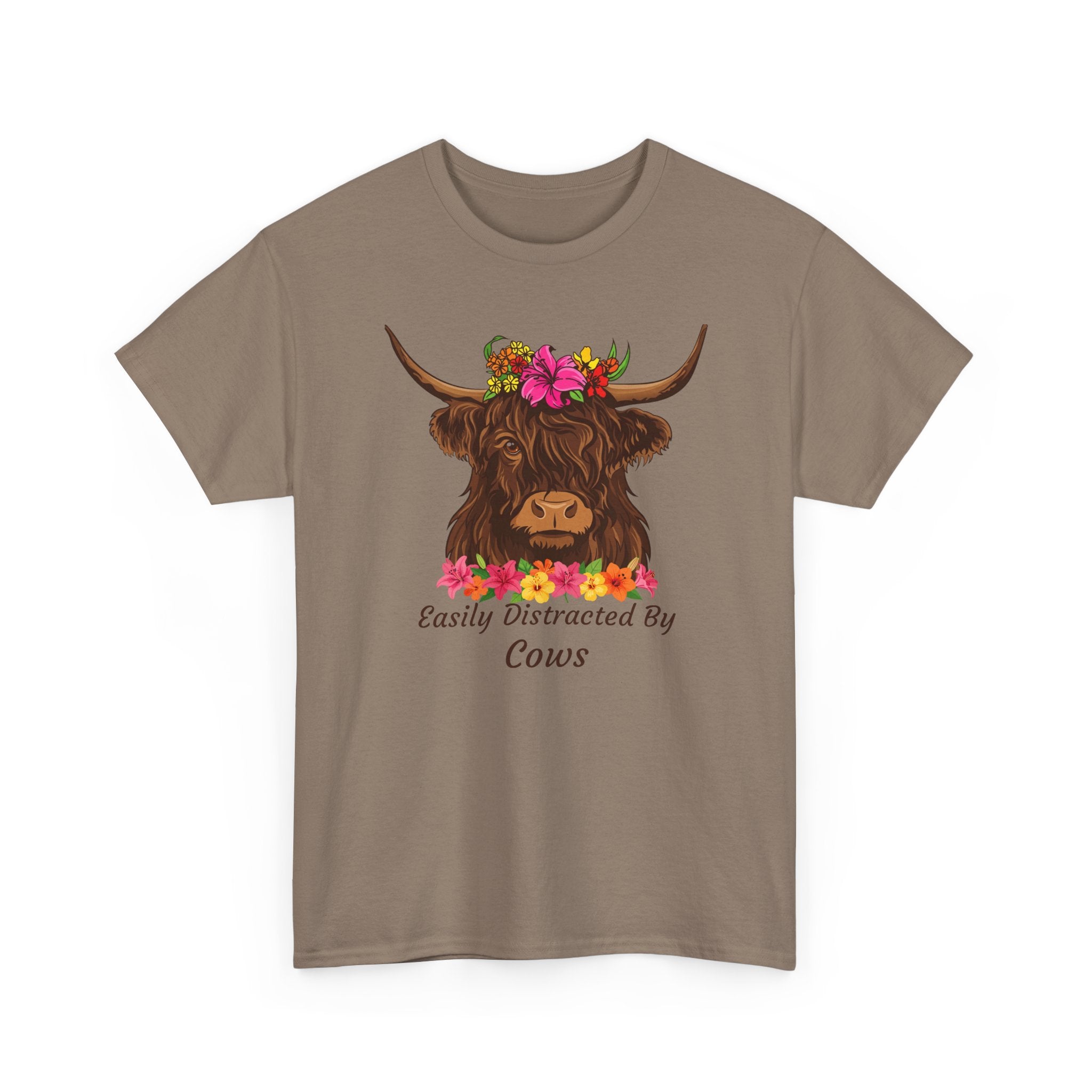 Highland Cow Floral Tee — "Easily Distracted by Cows" Cute Cow Graphic T-Shirt