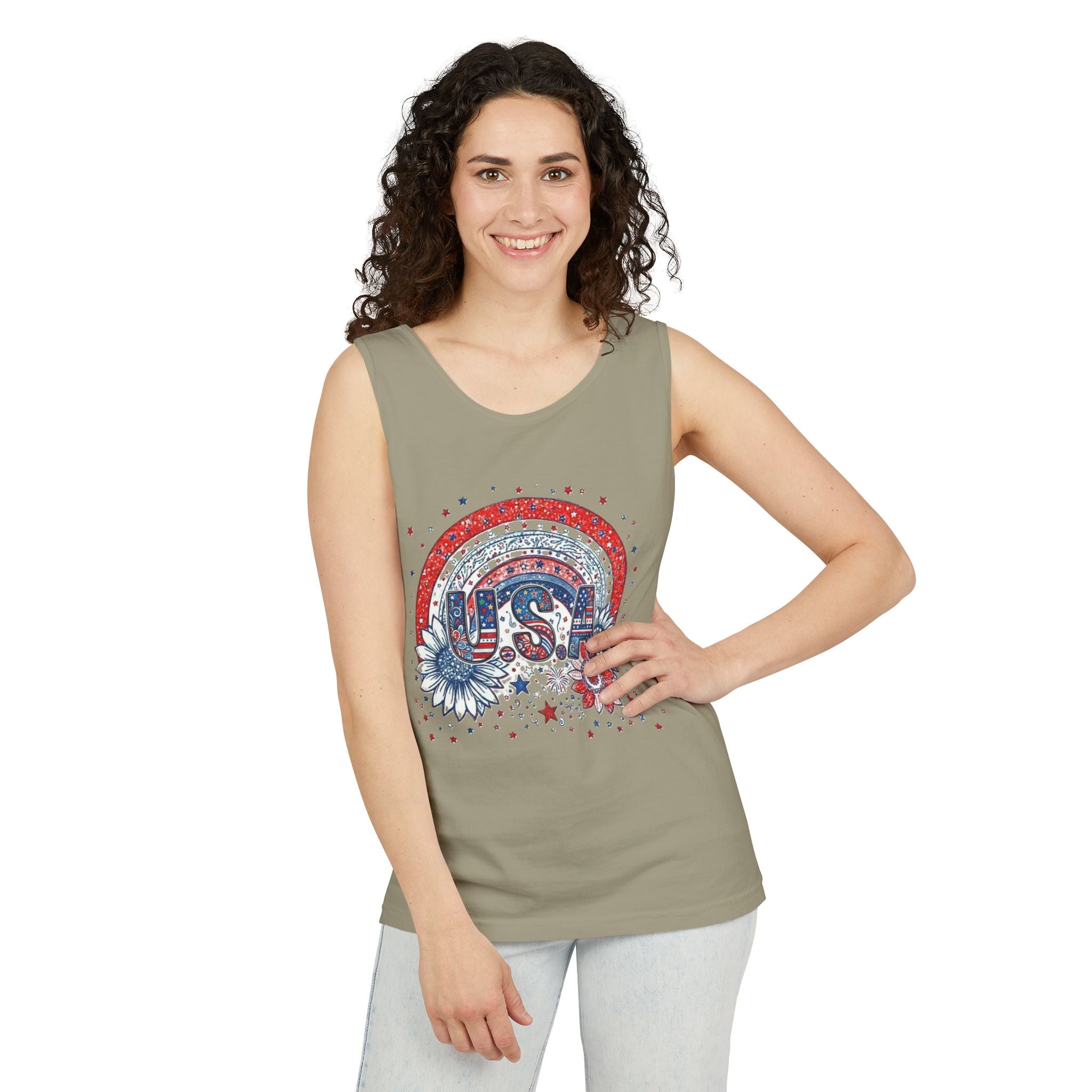 USA Rainbow Floral Tank Top — Patriotic 4th of July Sleeveless Tee