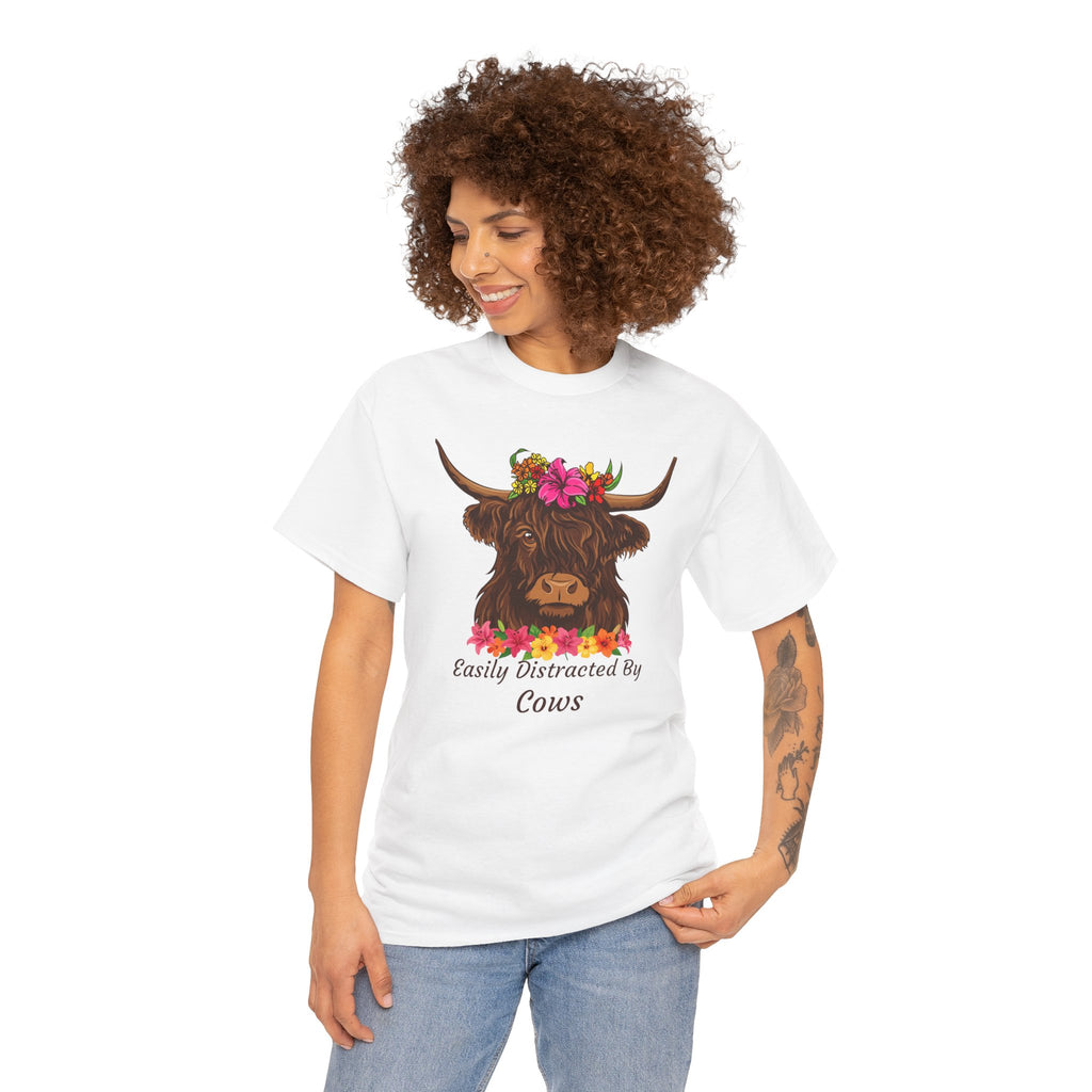 Highland Cow Floral Tee — "Easily Distracted by Cows" Cute Cow Graphic T-Shirt