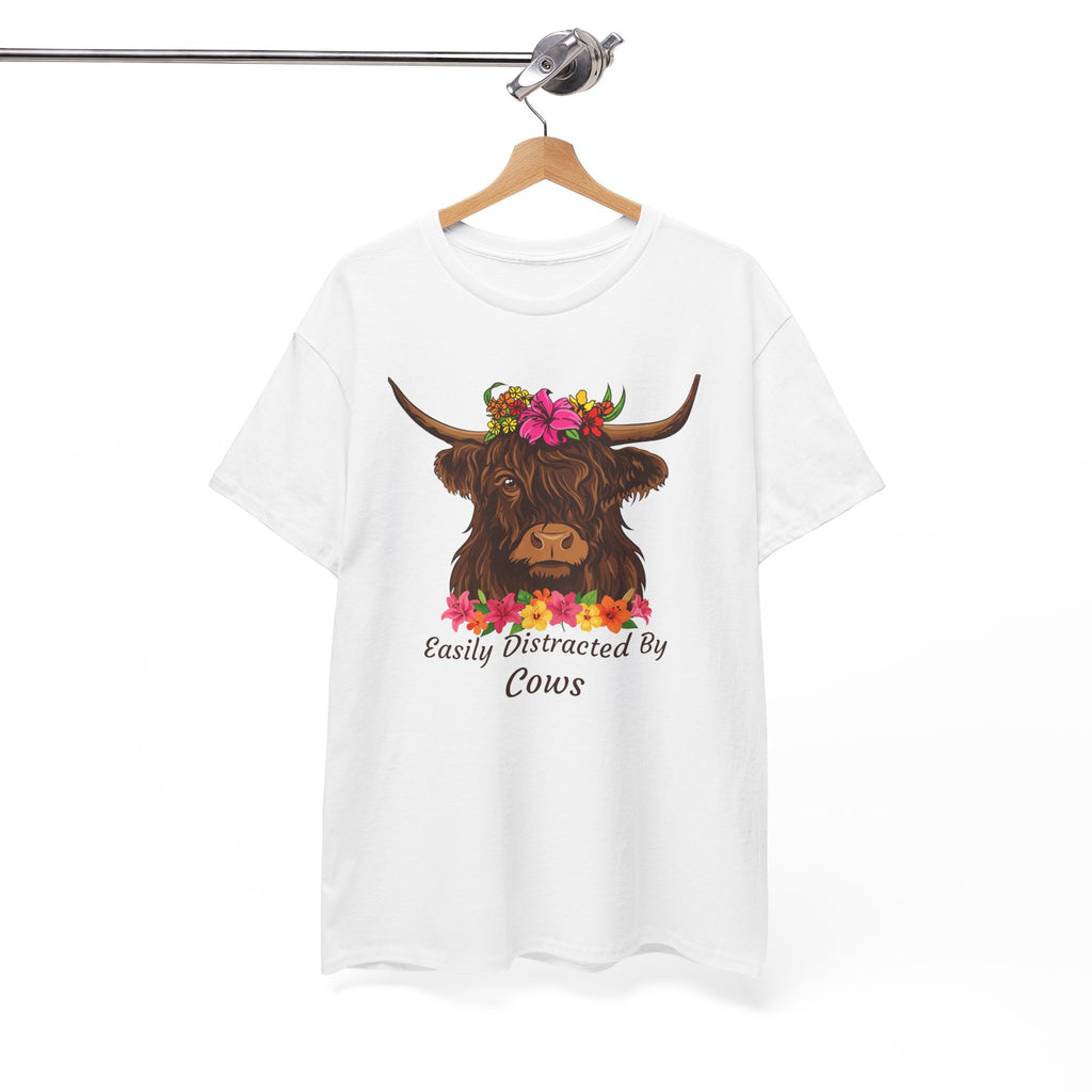 Highland Cow Floral Tee — "Easily Distracted by Cows" Cute Cow Graphic T-Shirt