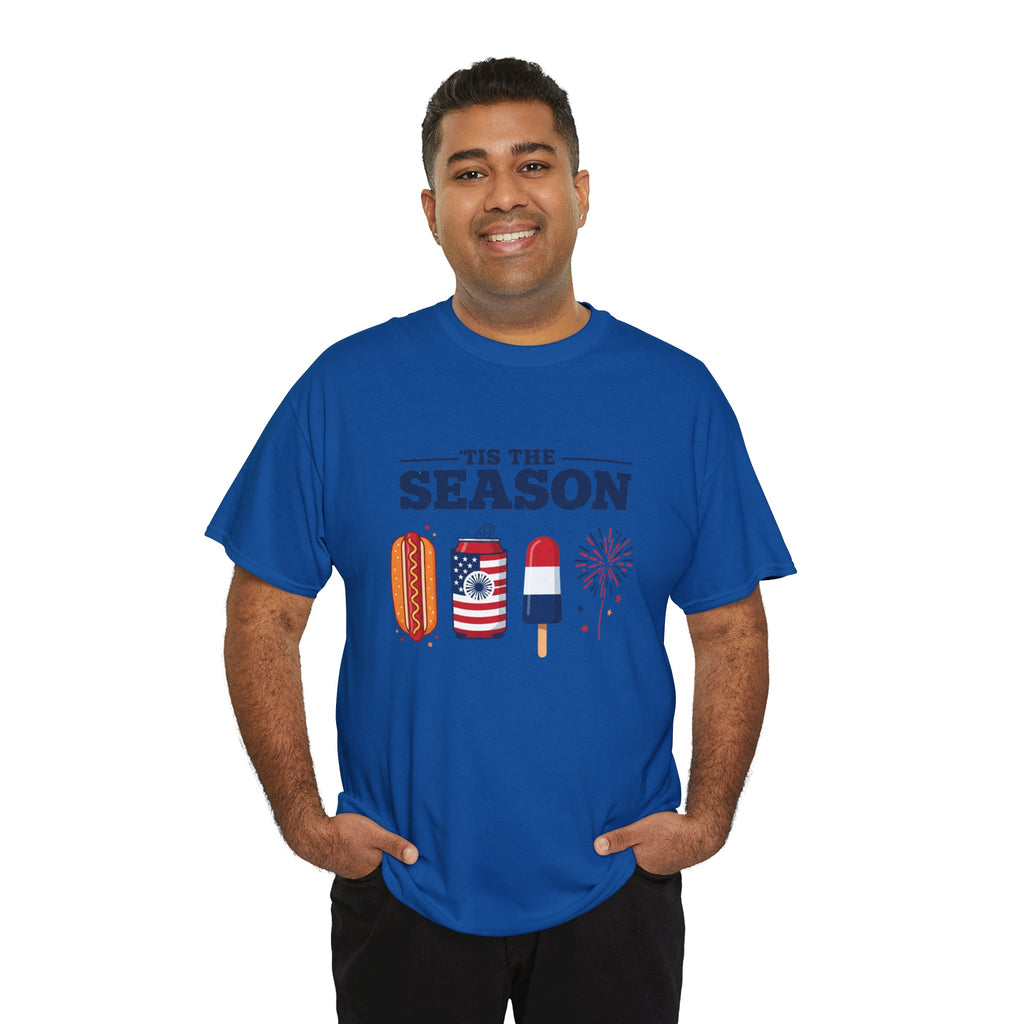 Fourth of July Tee — "'Tis the Season" Patriotic Hot Dog, Popsicle & Fireworks T-Shirt