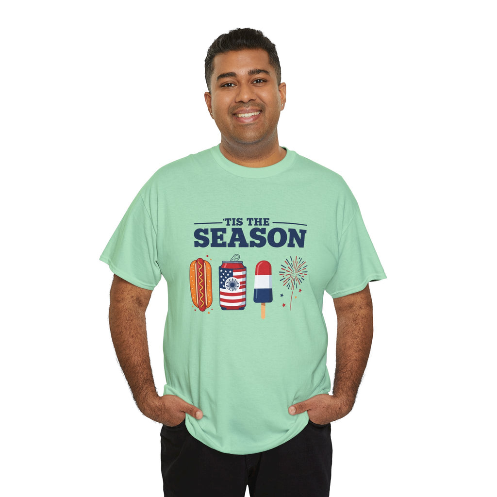 Fourth of July Tee — "'Tis the Season" Patriotic Hot Dog, Popsicle & Fireworks T-Shirt