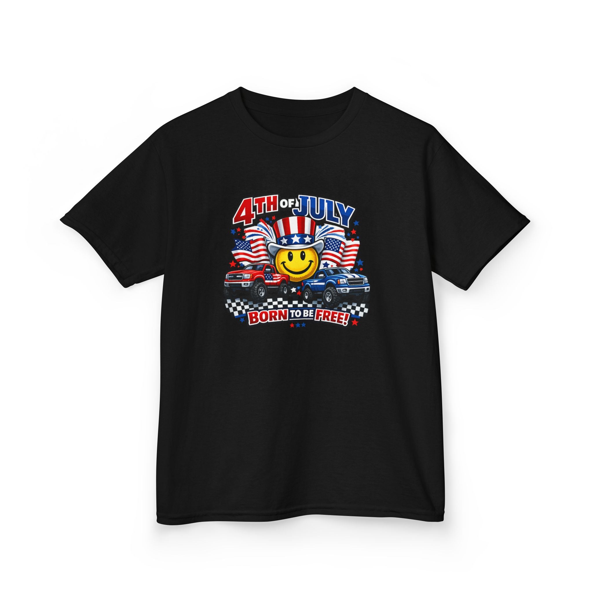 Kids Tee — 4th of July 'Born to Be Free' Smiley Flag Design