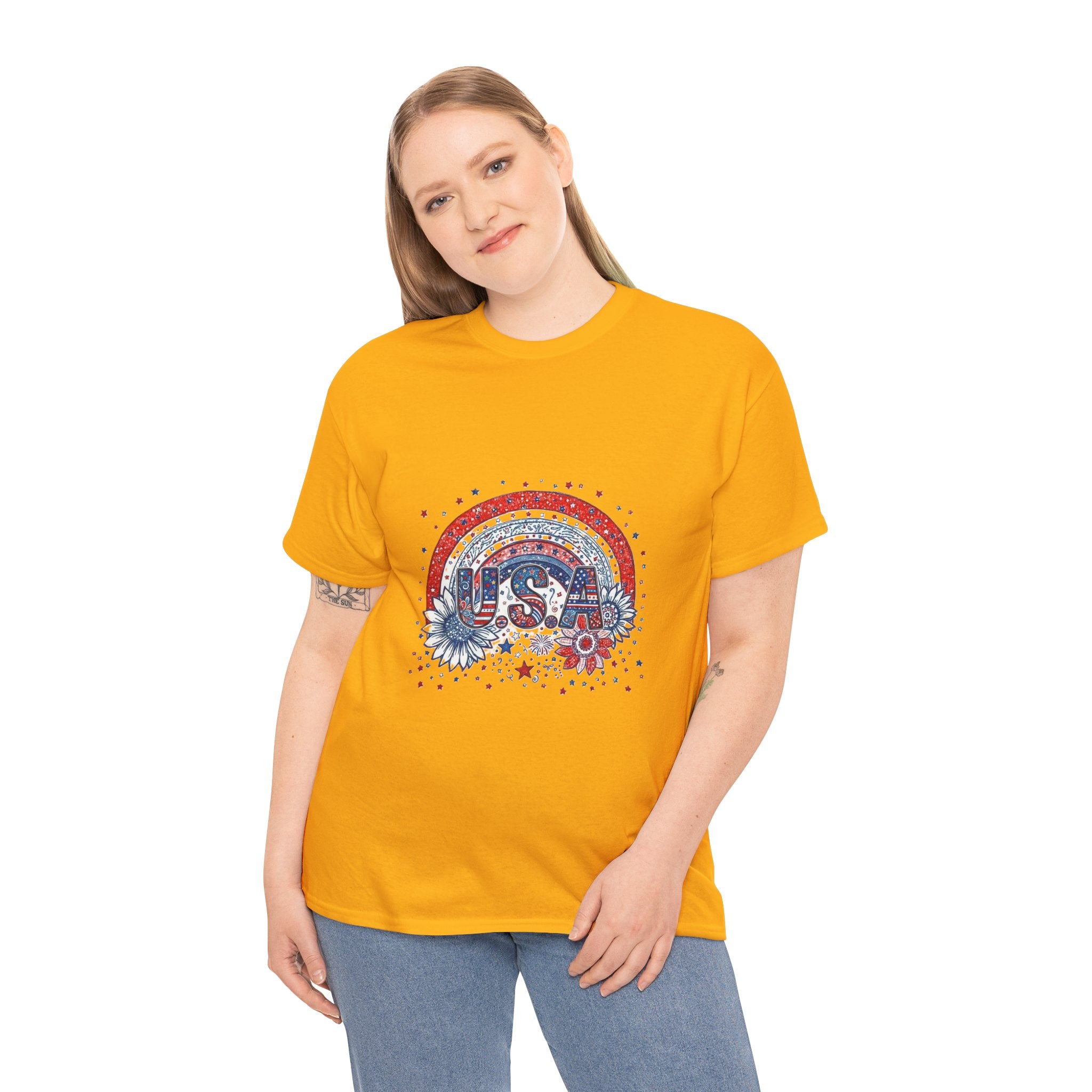 USA Retro Rainbow T-Shirt — Patriotic Fourth of July Tee with Stars & Flowers