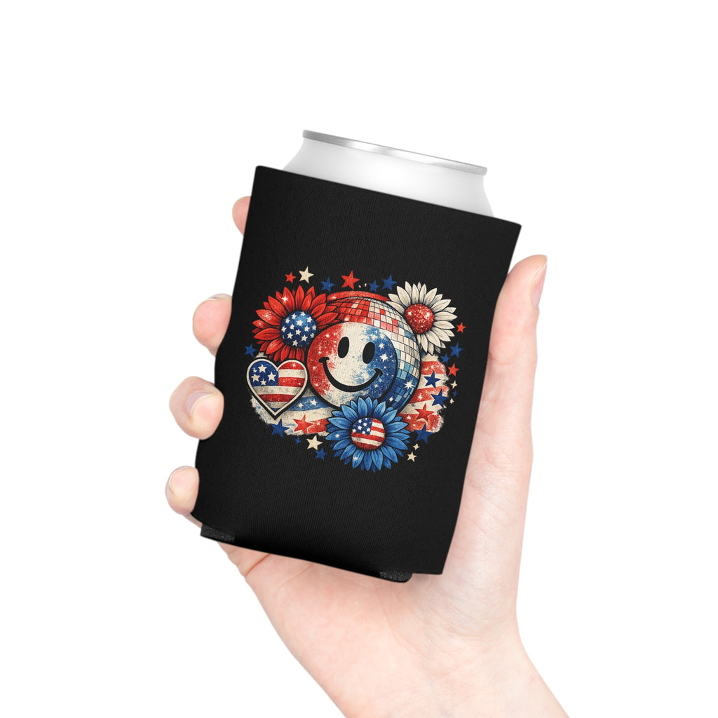 Patriotic Smile Can Cooler — 4th of July American Flag Floral Beer Koozie