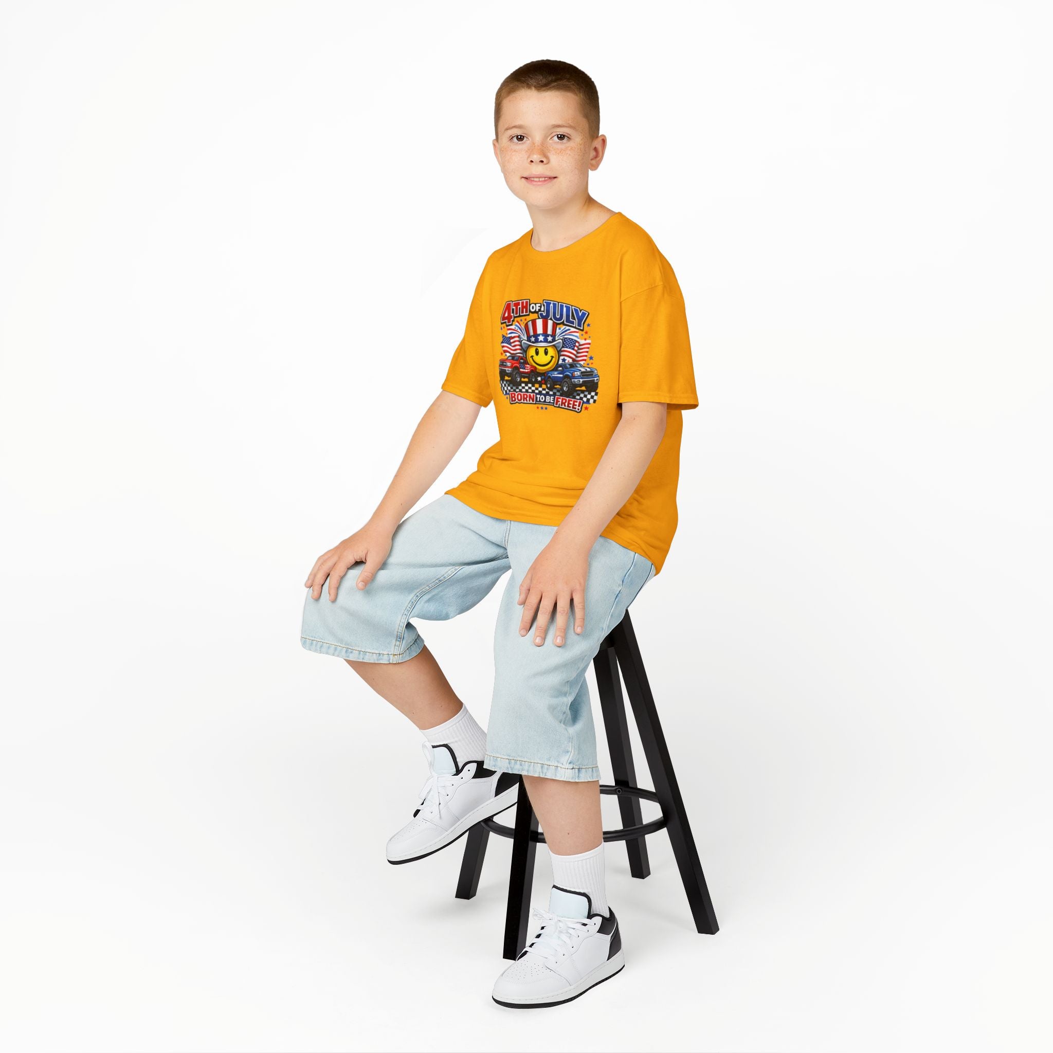 Kids Tee — 4th of July 'Born to Be Free' Smiley Flag Design