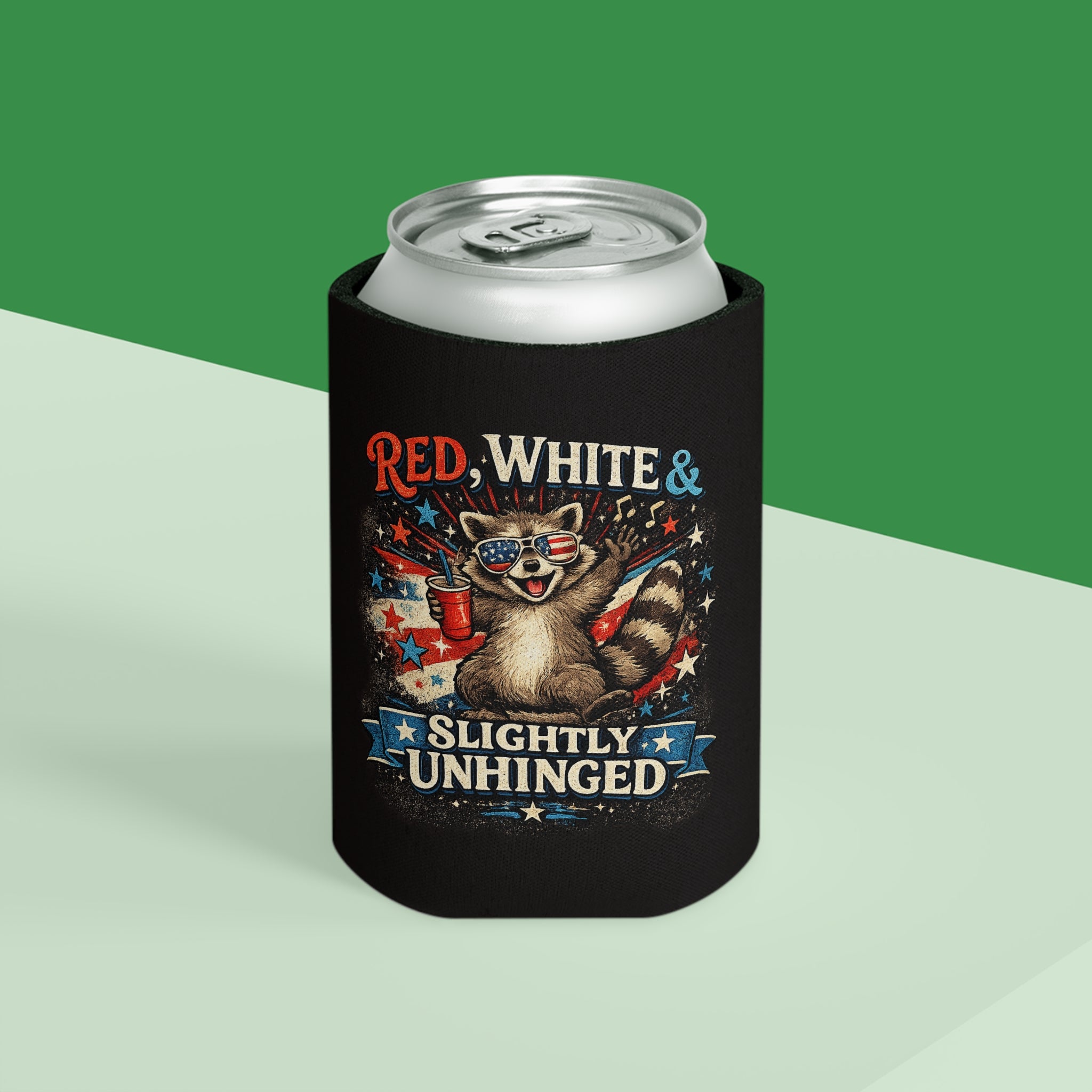Can Cooler - "Red, White & Slightly Unhinged" Patriotic Raccoon Beer Koozie