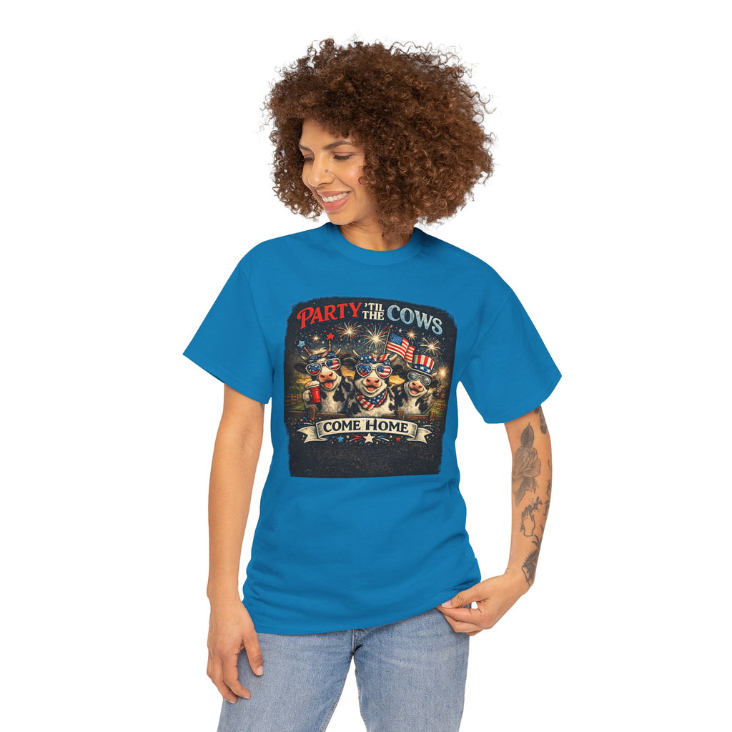 Independence Day 'Party 'Til the Cows Come Home' T-Shirt — Fireworks & Cow Graphic