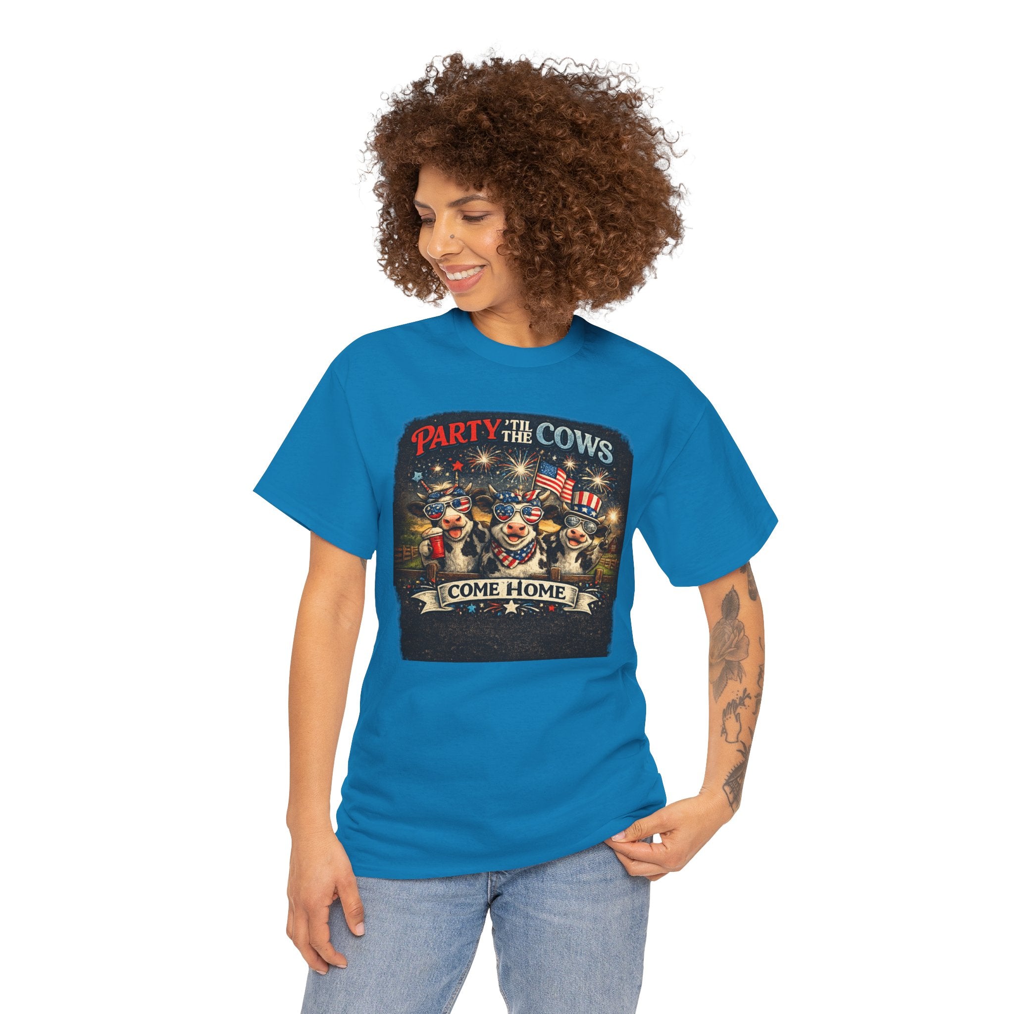 Independence Day 'Party 'Til the Cows Come Home' T-Shirt — Fireworks & Cow Graphic
