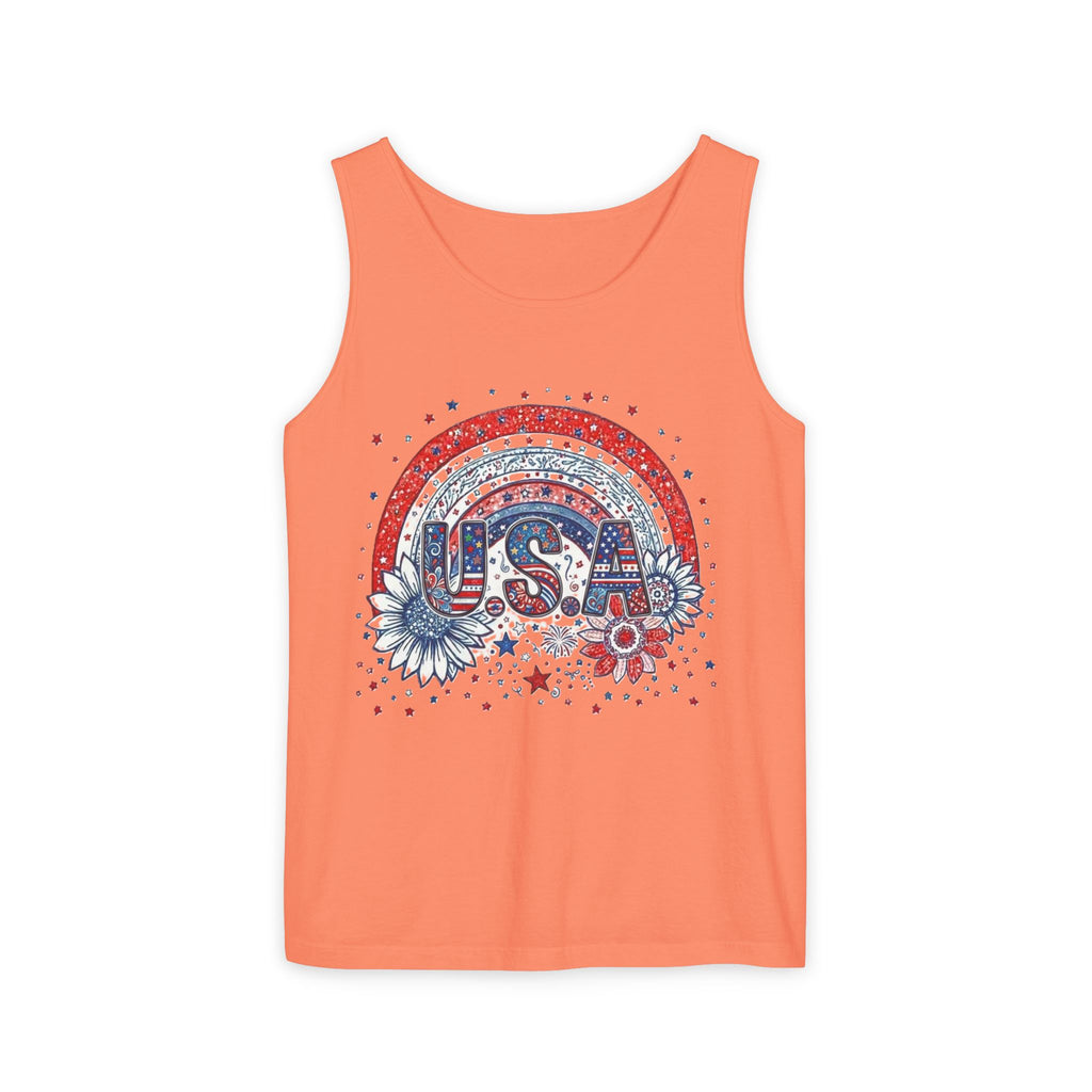 USA Rainbow Floral Tank Top — Patriotic 4th of July Sleeveless Tee