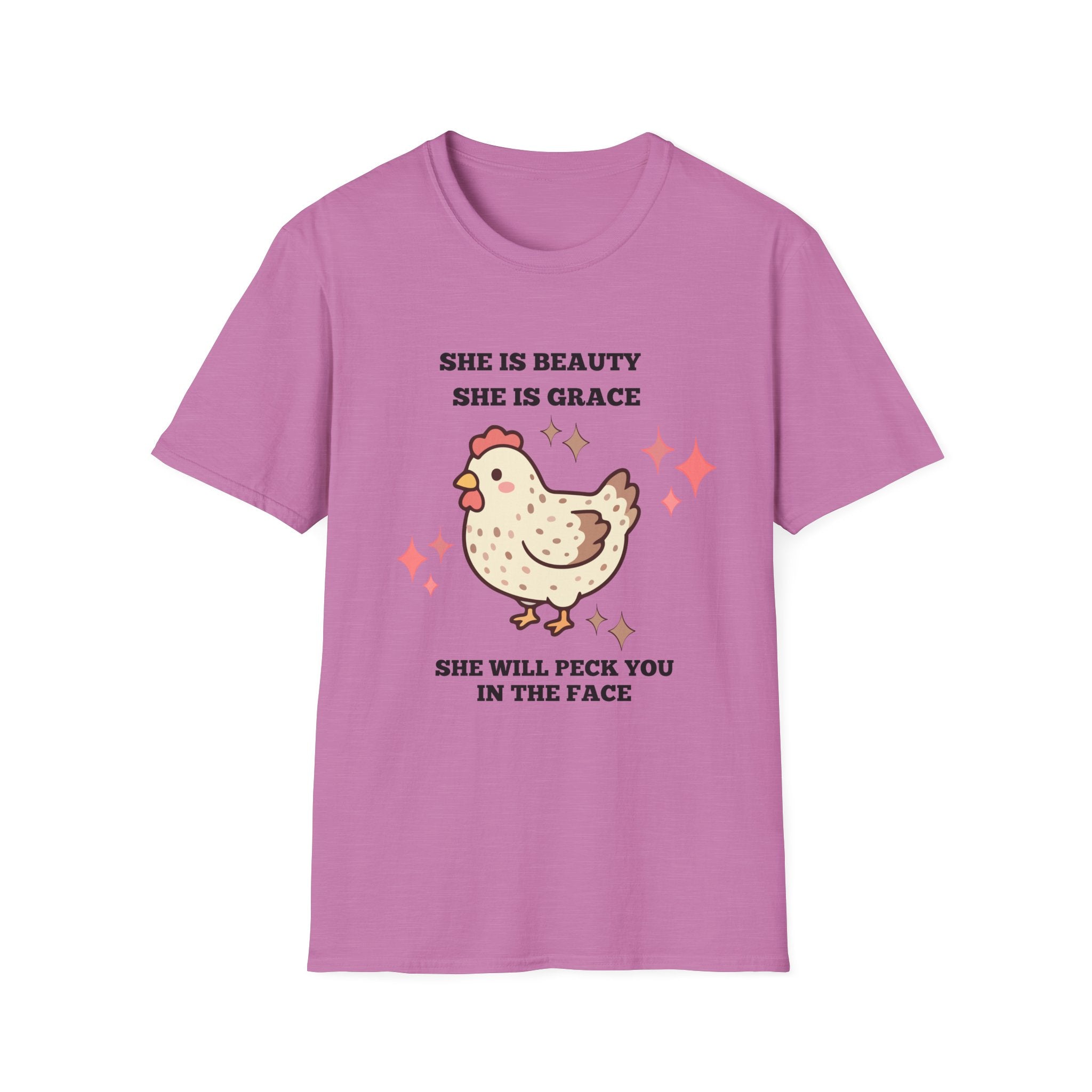 Chicken Tee — "She Is Beauty, She Is Grace, She Will Pech You in the Face" Funny Farm Animal T-Shirt