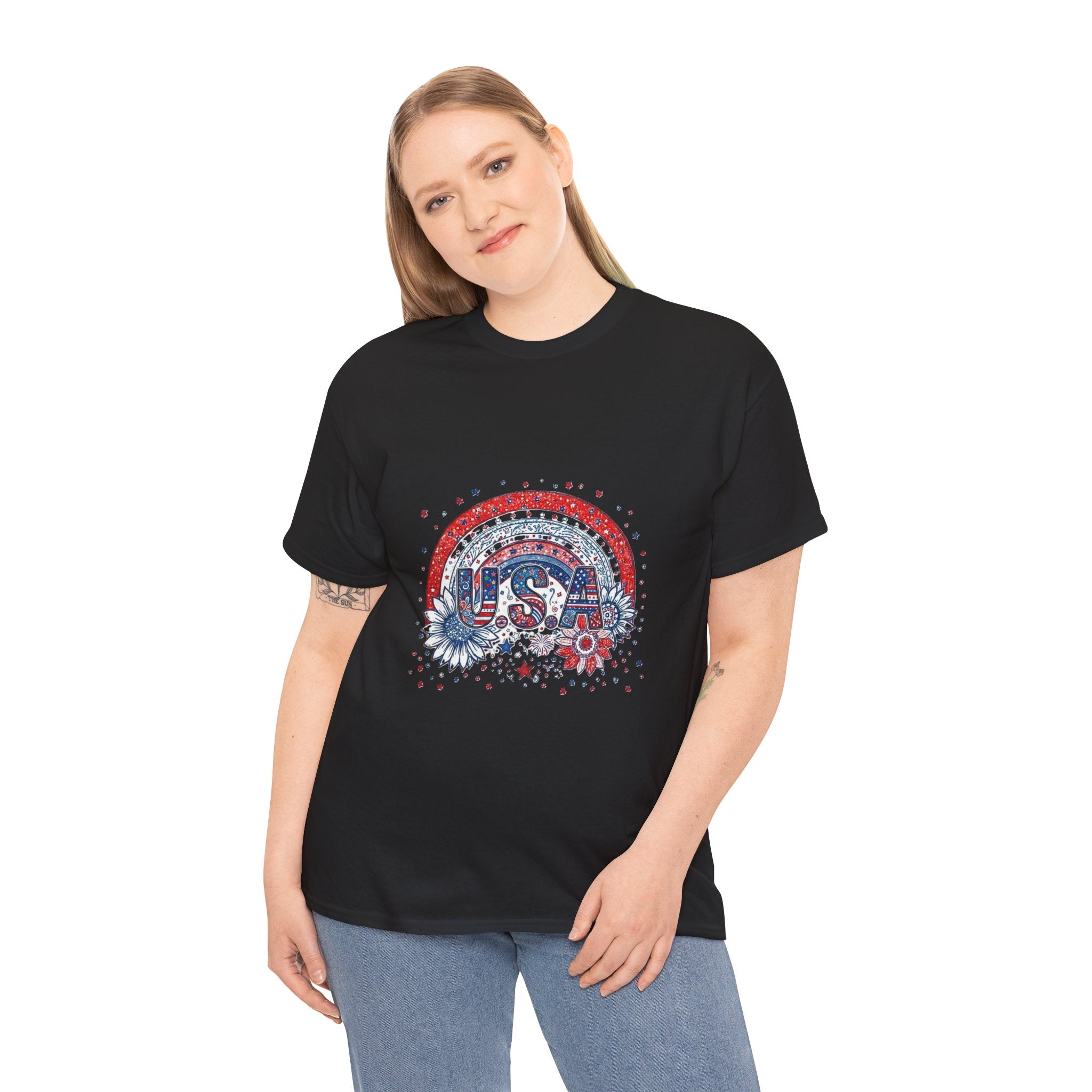 USA Retro Rainbow T-Shirt — Patriotic Fourth of July Tee with Stars & Flowers