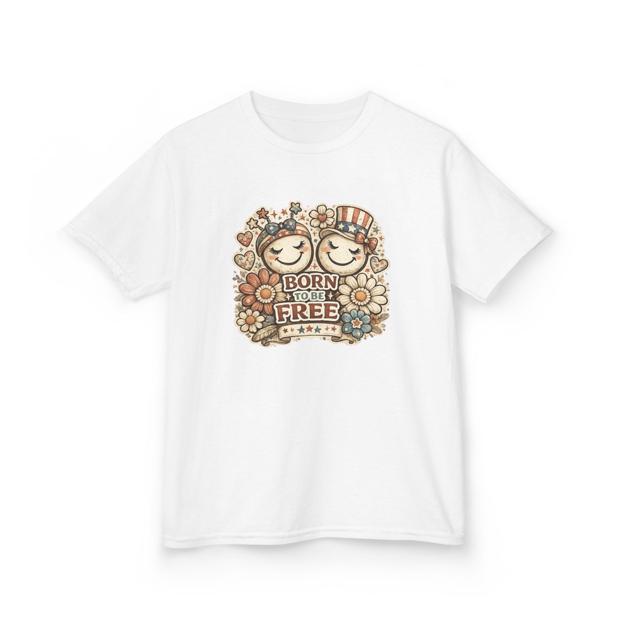 Kids T-Shirt – 'Born Free' Retro Smiley Flower Graphic