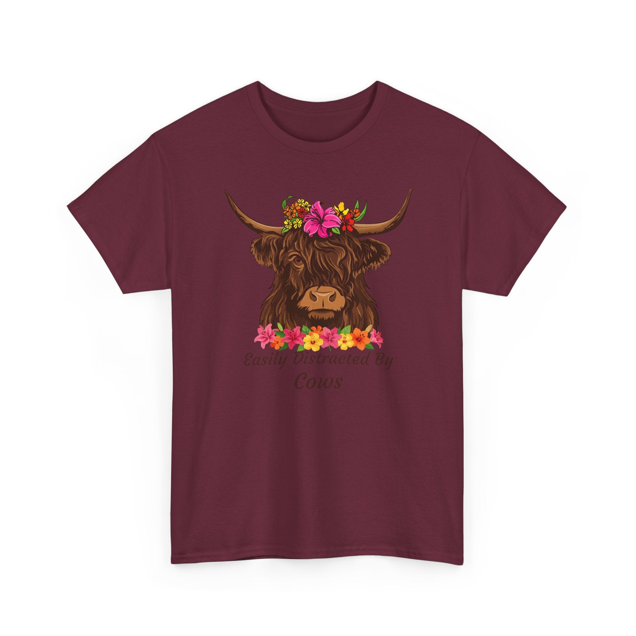 Highland Cow Floral Tee — "Easily Distracted by Cows" Cute Cow Graphic T-Shirt