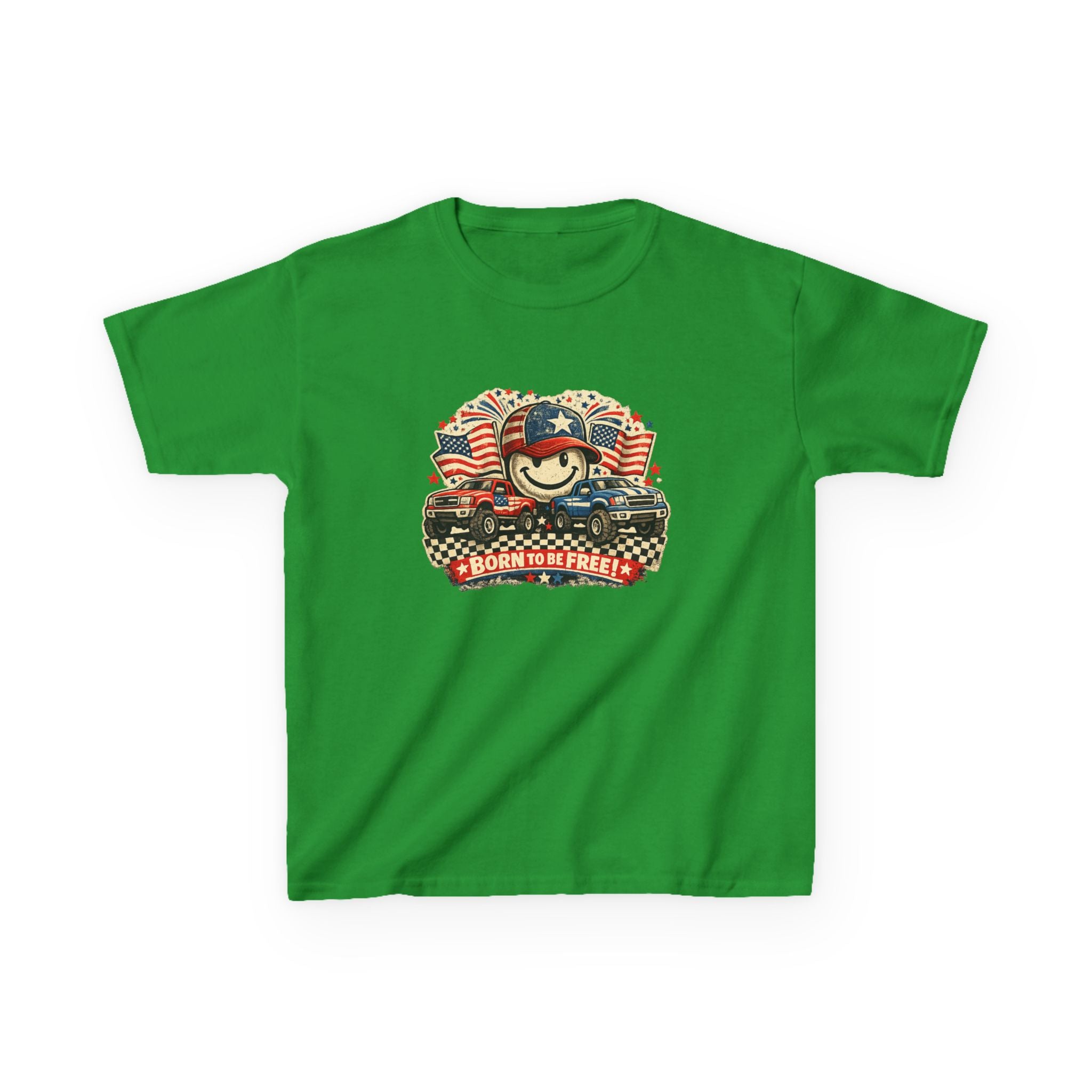 Kids Tee — Patriotic "Born to Be Free" Smiley Flag Design