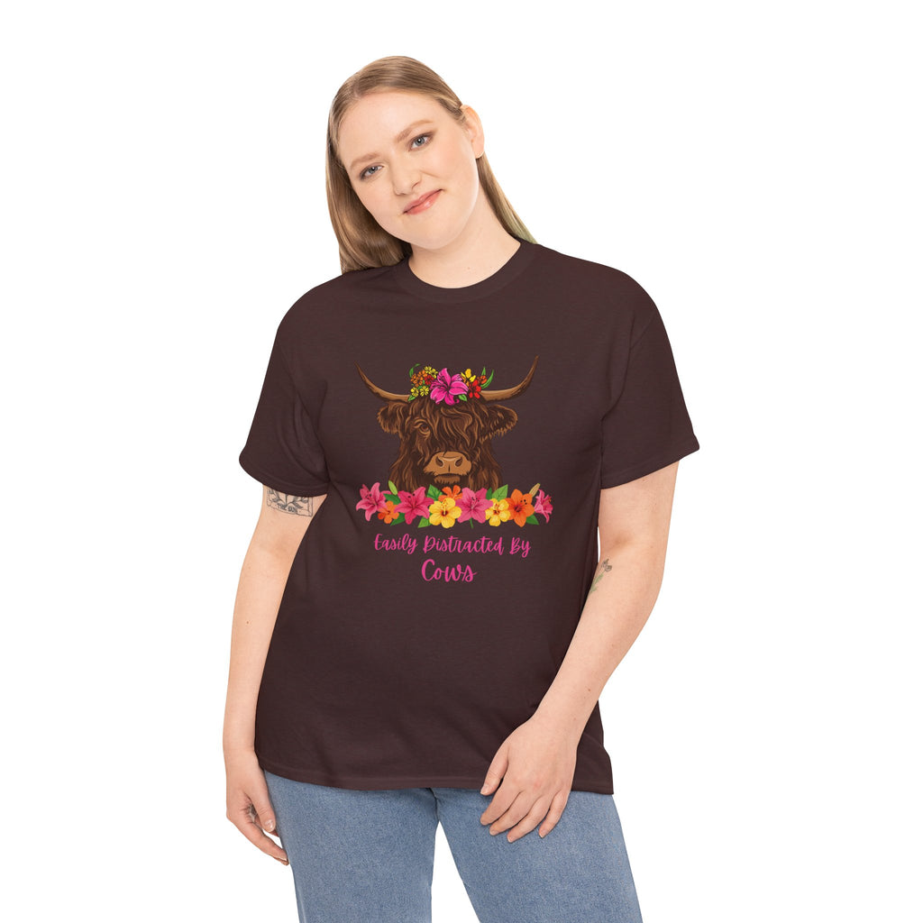 Cow Mom Floral Tee — 'Easily Distracted By Cows' Highland Cow Graphic Shirt