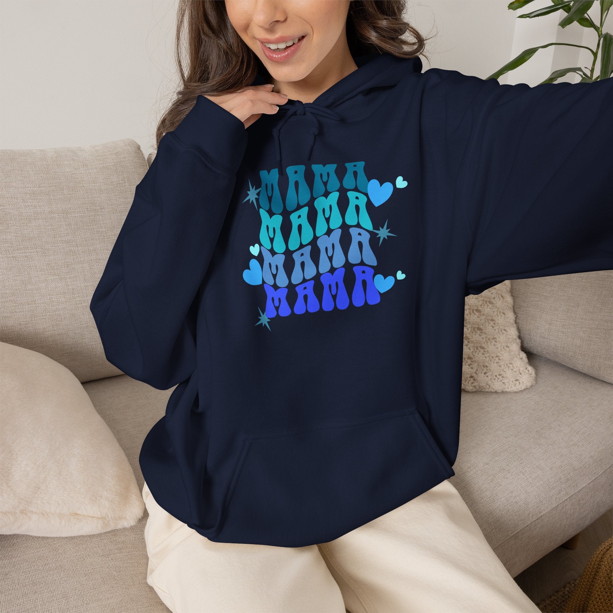 Mama Heart Crewneck Hoodie – Blue Gradient “MAMA” Graphic Sweatshirt