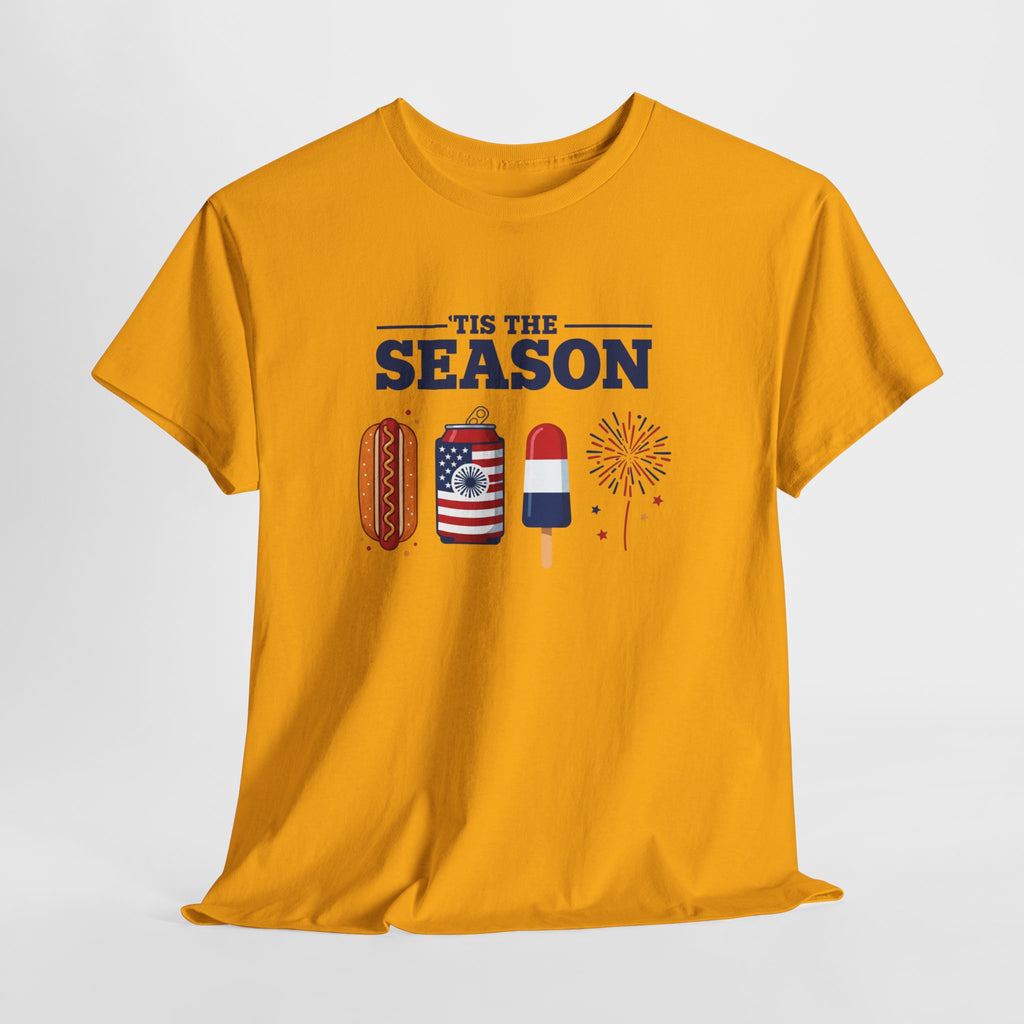 Fourth of July Tee — "'Tis the Season" Patriotic Hot Dog, Popsicle & Fireworks T-Shirt
