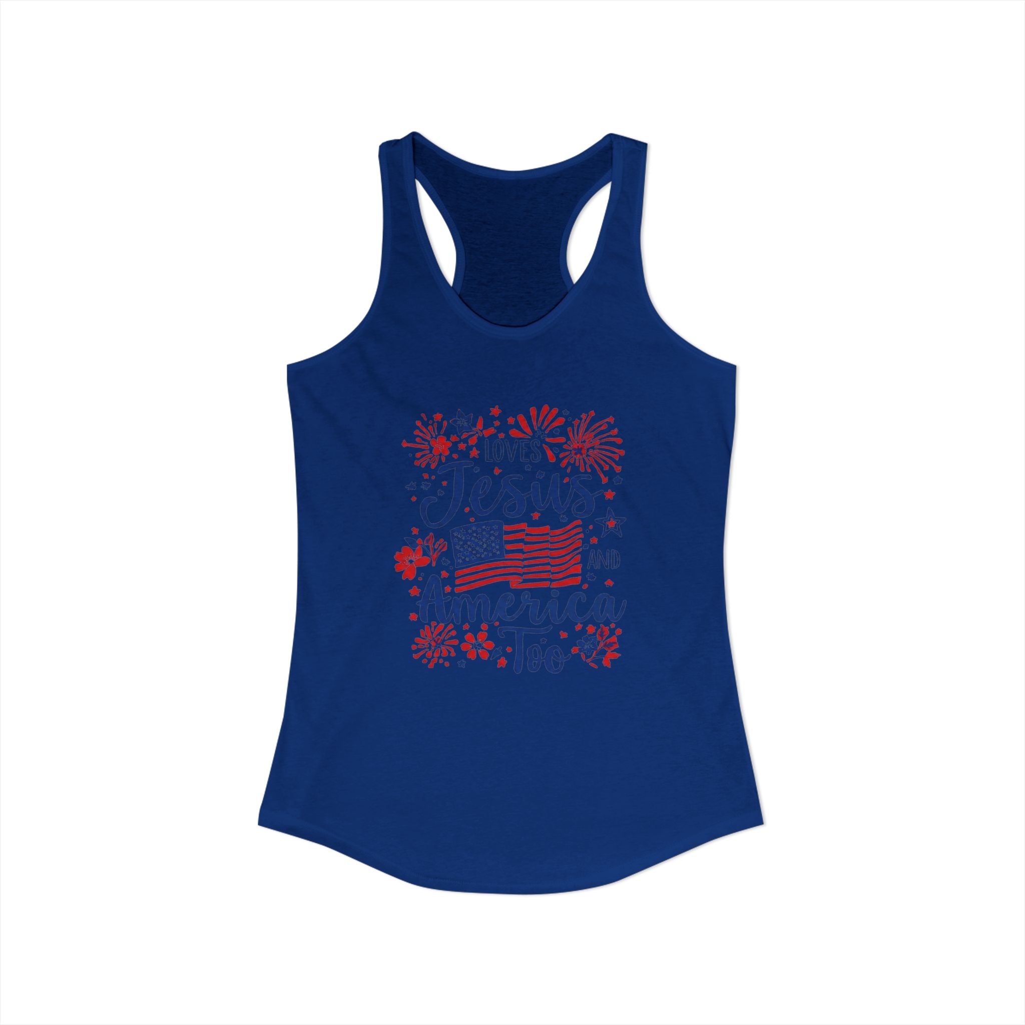 Loves Jesus and America Too Racerback Tank — Patriotic Christian Women's Tank