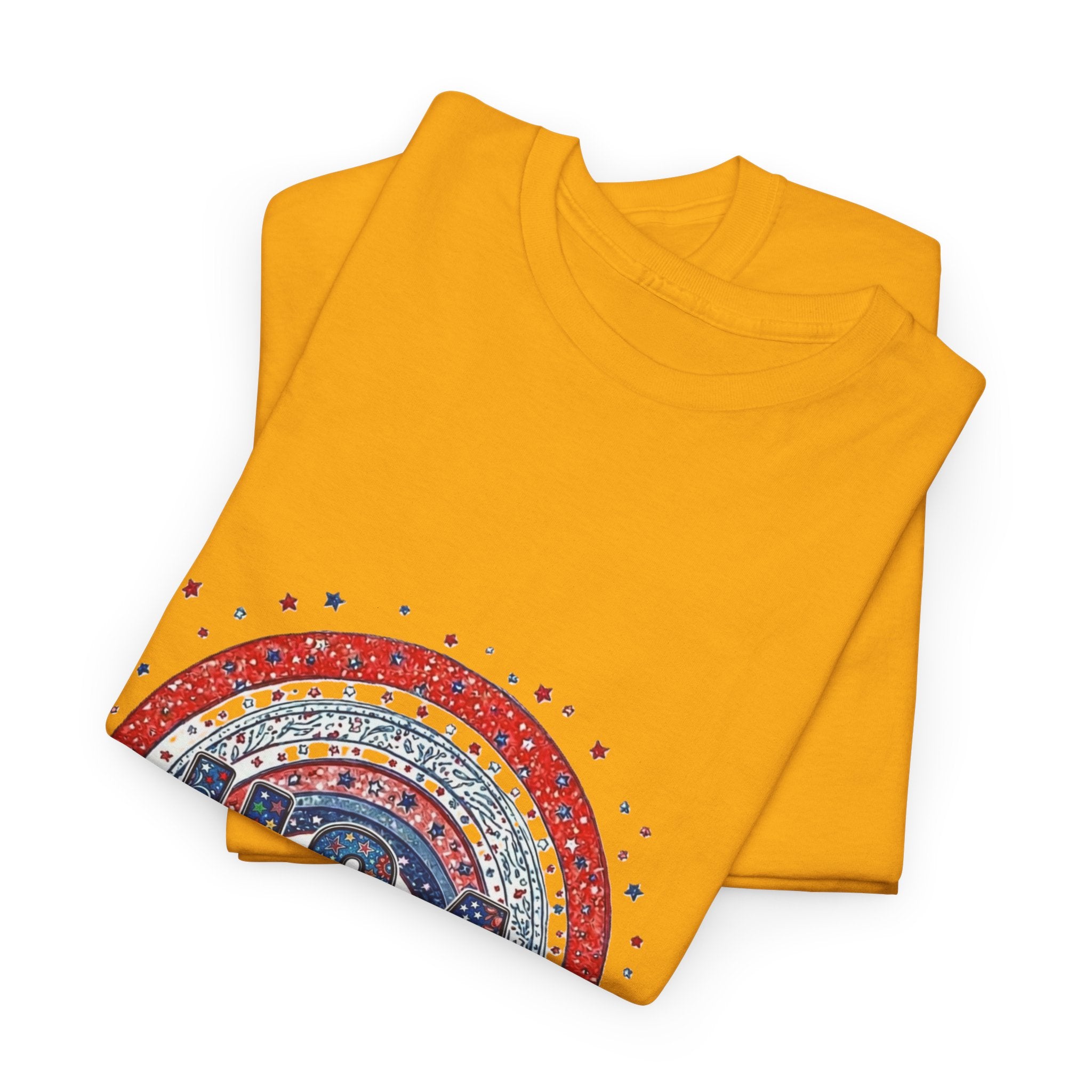 USA Retro Rainbow T-Shirt — Patriotic Fourth of July Tee with Stars & Flowers