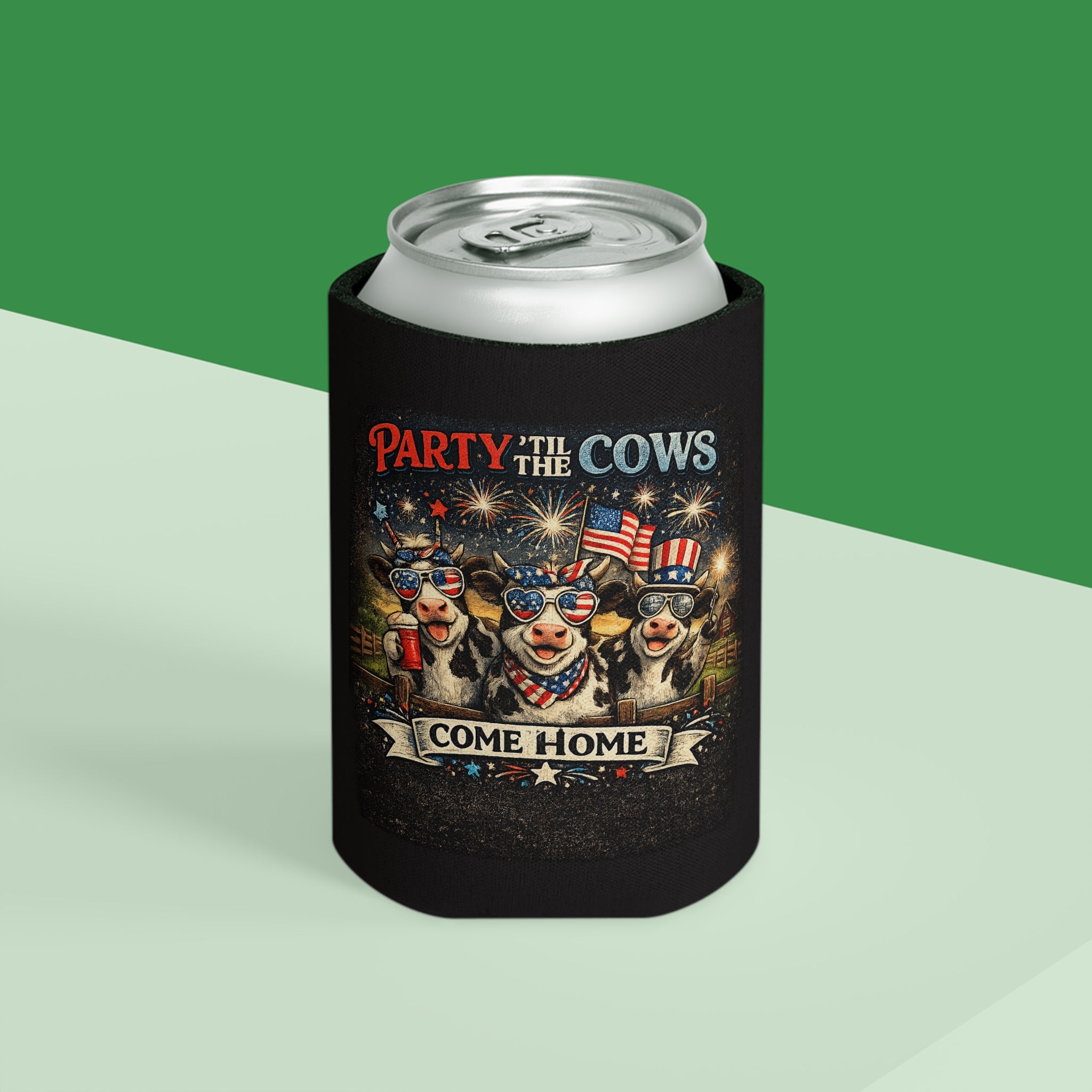 Can Cooler - "Party 'Til The Cows Come Home" Patriotic 4th of July Cooler Sleeve