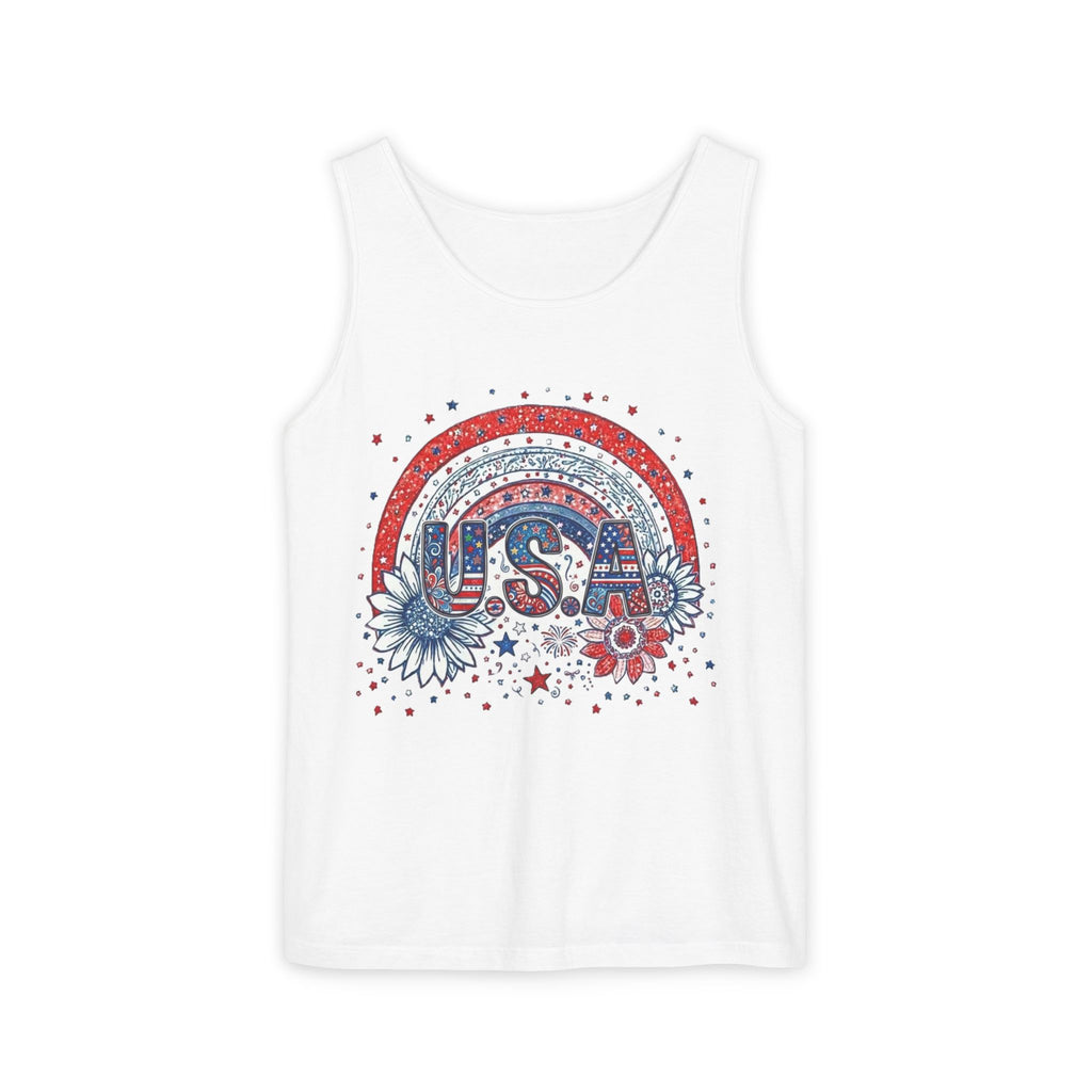 USA Rainbow Floral Tank Top — Patriotic 4th of July Sleeveless Tee