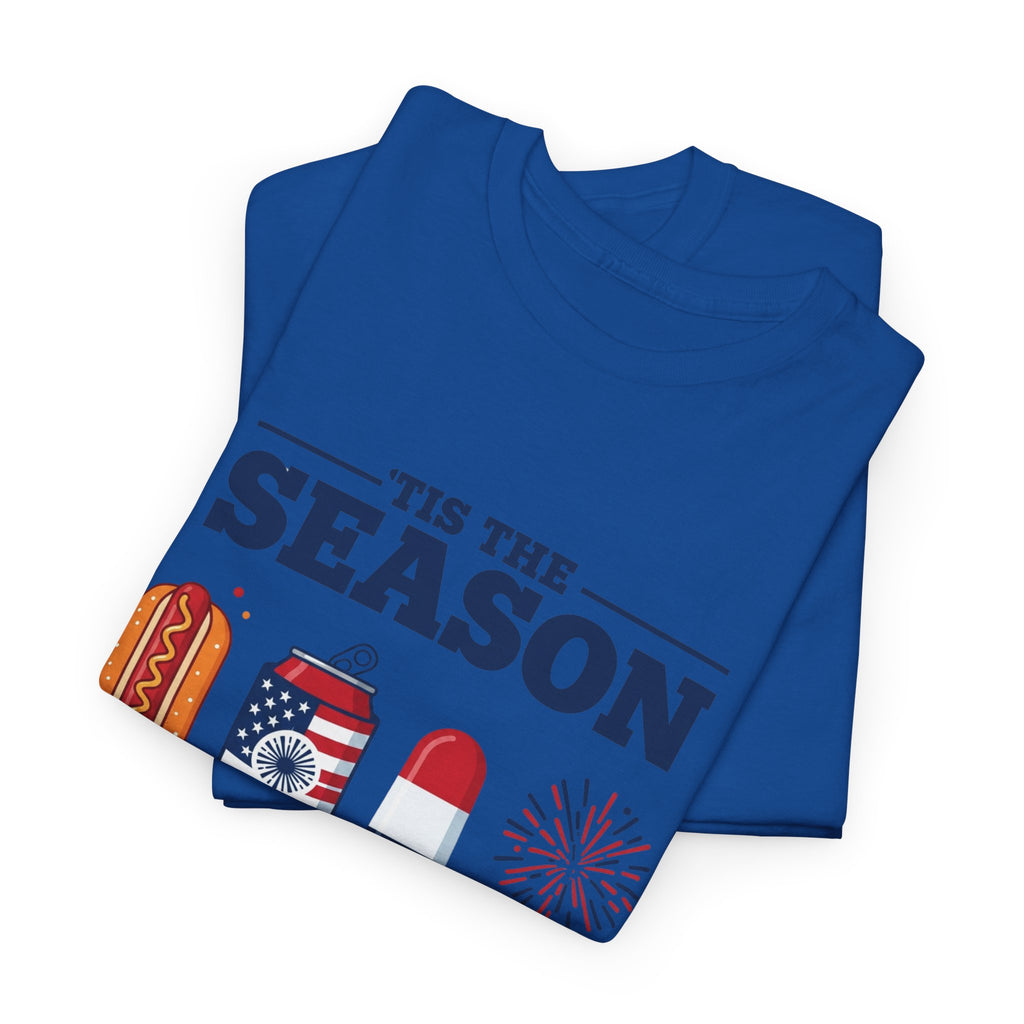 Fourth of July Tee — "'Tis the Season" Patriotic Hot Dog, Popsicle & Fireworks T-Shirt